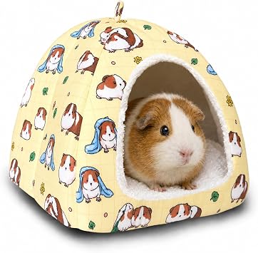 Guinea Pig Hideout Bed 11.8-Inch Cube - Cozy Small Animal House for Guinea Pigs, Chew-Proof Hideaway with Ventilation Yellow, Adorable Guinea Pig Print
