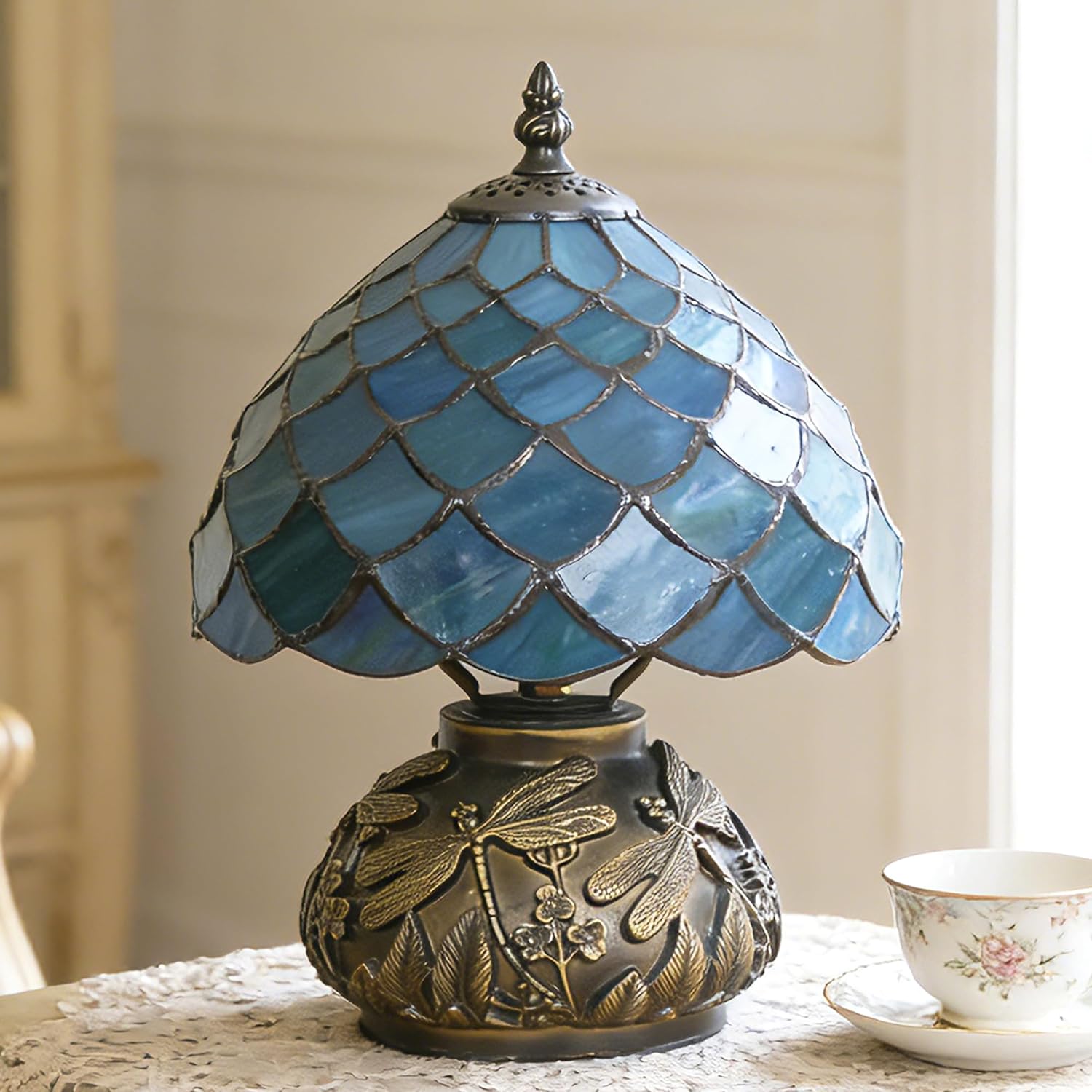 Small Tiffany Lamp Mini Stained Glass Table Lamp Mushroom Memory Sympathy Lamp 8X11 Inch (Fishscale Style)
