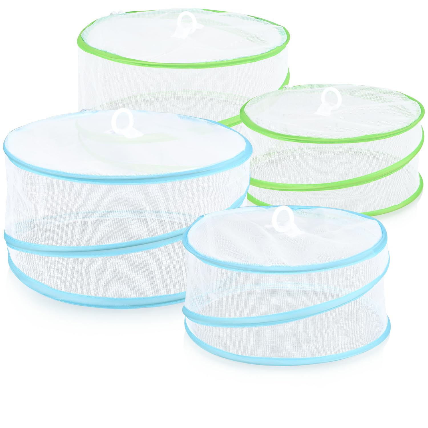 COM-FOUR® 4x coperture antimosche pop-up - coperture per alimenti - ombrelli alimentari pieghevoli in due misure - protezione dagli insetti - copertura in rete (4 pezzi - bianco/blu/verde)
