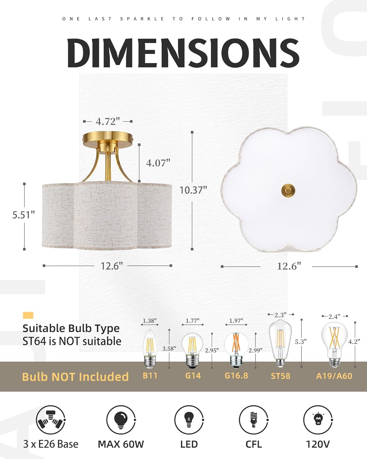 AUTELO 3-Light Semi Flush Mount Ceiling Light, Brushed Gold 12.6 Inch Modern Ceiling Light with Flower-Shaped White Fabric, Farmhouse Ceiling Light for Bedroom Hallway, C2507 BGS-6