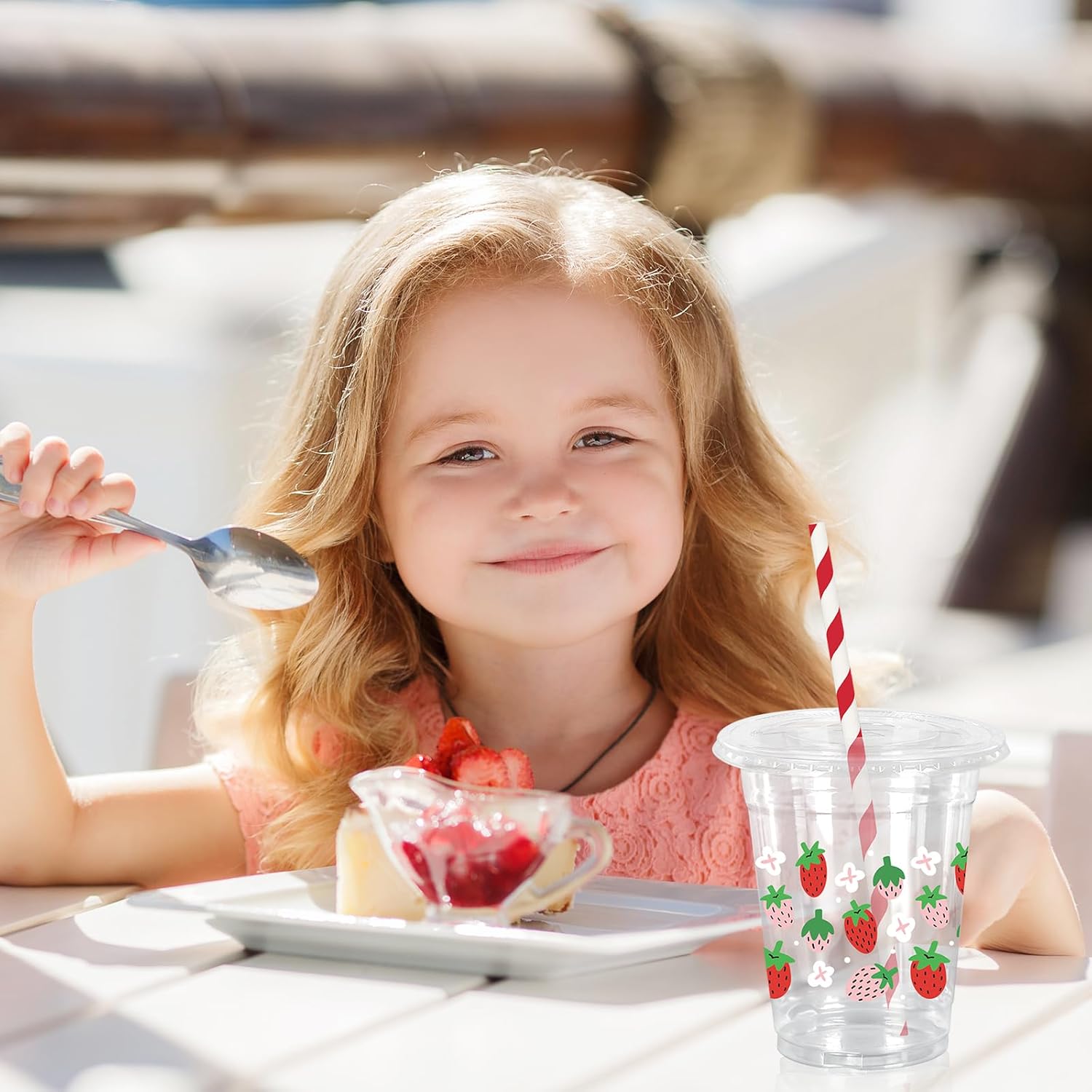 50Pcs 12Oz Strawberry Floral Plastic Cups with Lids & Straws Pink Red Strawberry Flower Clear Disposable Cups for Spring Summer Party Supplies - Image 6