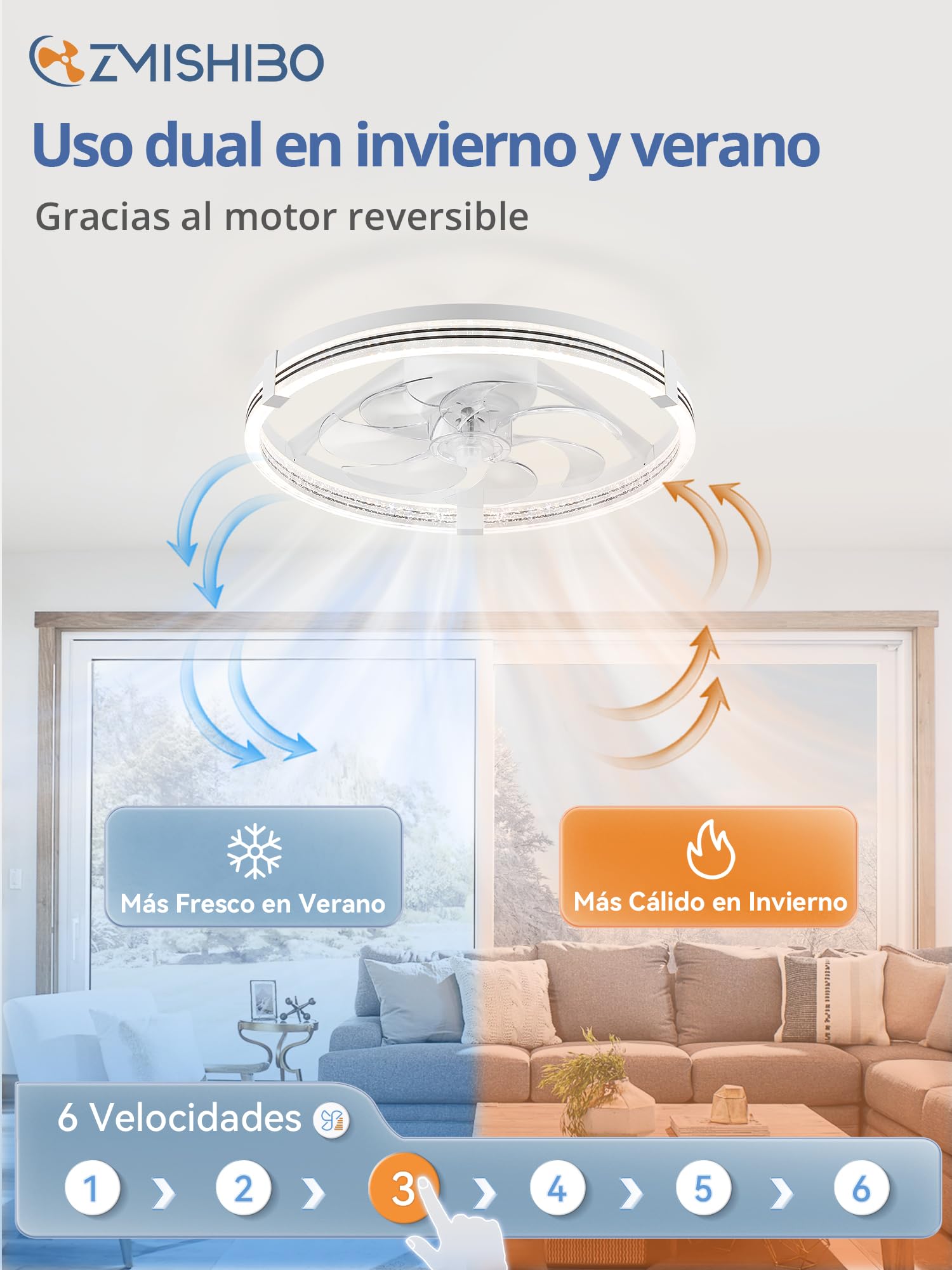 ZMISHIBO Ventilador Techo Silencioso 51cm, Luz LED Regulable 3000K-7000K, Motor DC, 6 Velocidades Reversible, APP y Control Remoto con Temporizador, Dormitorio y Salón - Blanco