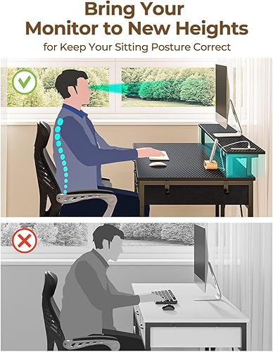 Miniatura 7 de Rolanstar Escritorio para computadora con tomas de corriente y luz LED, escritorio de oficina en casa de 55 pulgadas con 3 cajones y estantes de