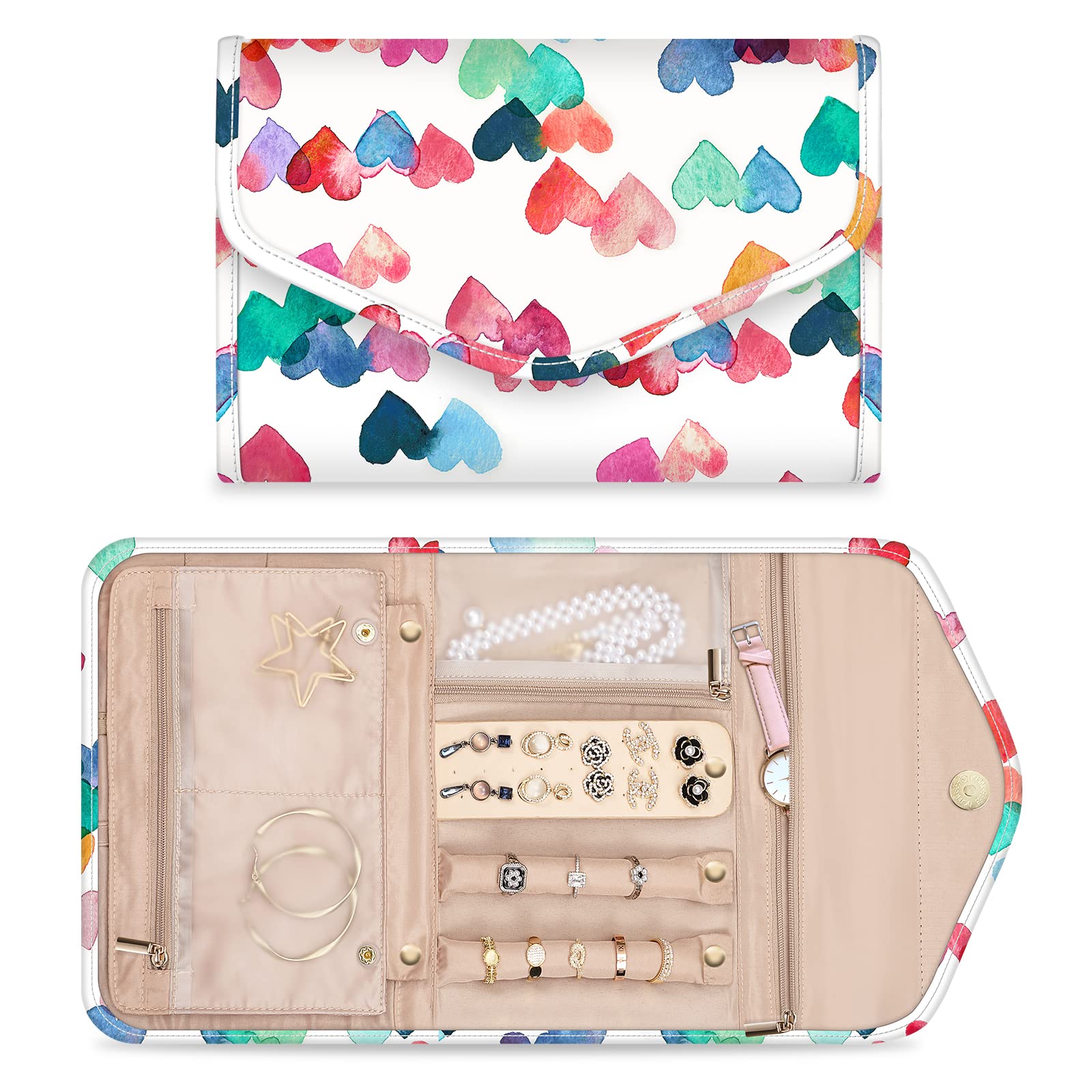 CaseBot Travel Jewelry Organizer, Foldable Jewelry Roll, Jewelry Storage Organizer Bag for Journey Necklaces, Rings, Earrings, Bracelets, Gifts for Girls Women, Raining Hearts