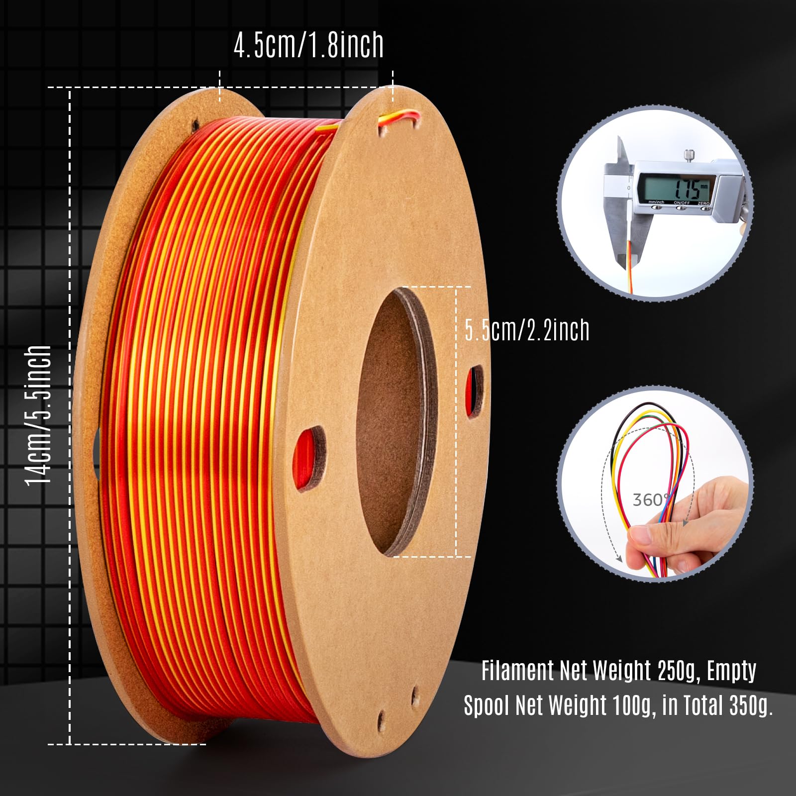 Filamento de impresión 3D PLA+ de seda de doble color, 6 paquetes – dikale 1.75 mm, paquete de 6 carretes de 250 g, dorado y rojo, negro y rojo, rojo rosa y azul cielo, rojo rosa y azul oscuro, azul