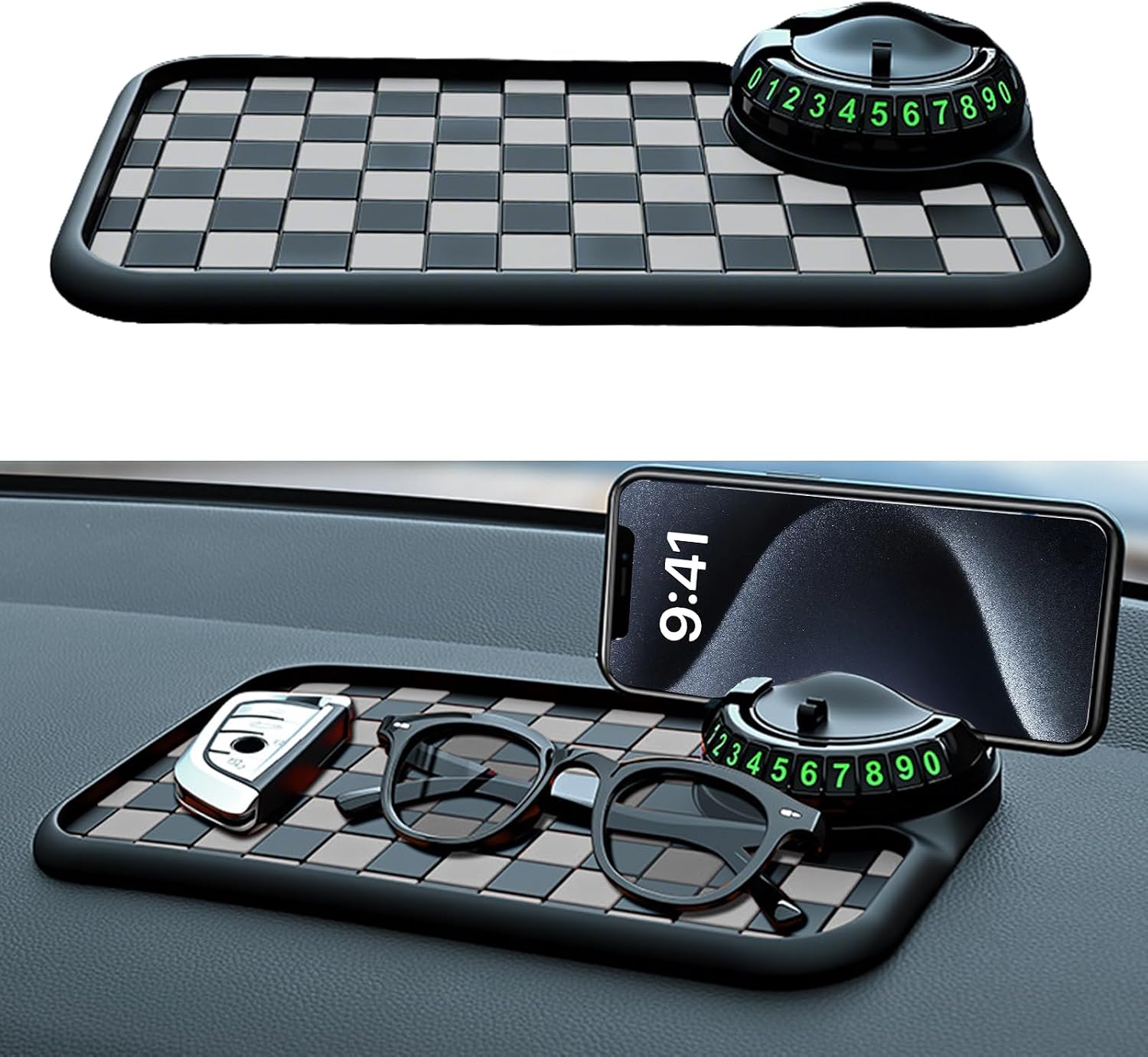 Multifunction Car Anti-Slip Mat for Lexus ES 2010-2025, 360° Rotatable Phone Holder Dashboard Pad with Temporary Parking Number, for Sunglasses, Keys, Black and Gray