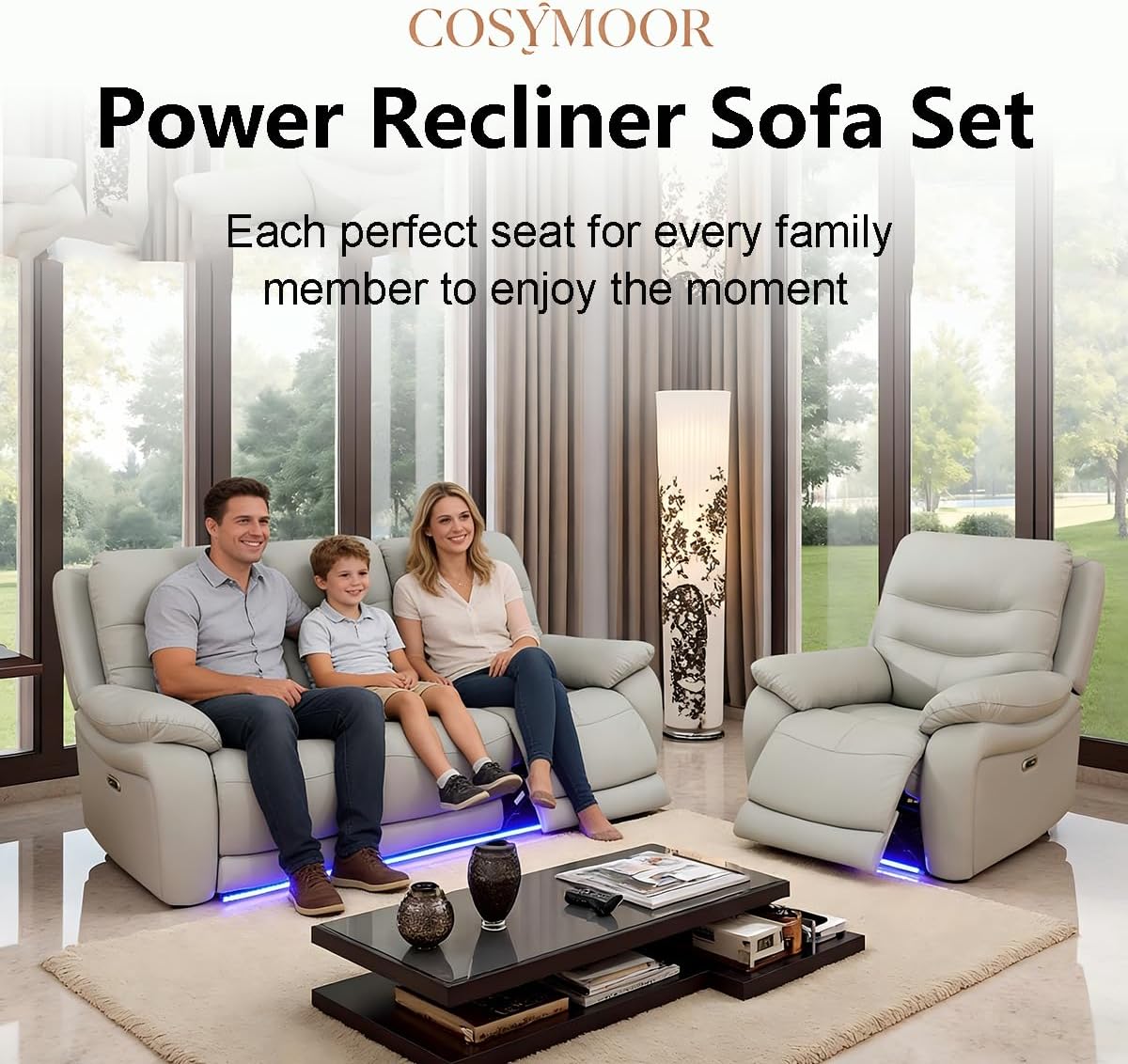 Power Recliner Sofa Set with LED Light, Living Room Furniture Sets, Leather Sectional Sofa and Chair Set,Modern Power Reclining Sets with USB Port for House