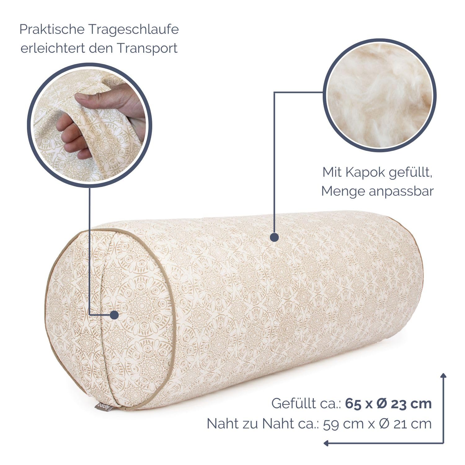 Bodhi Yoga Bolster Ø 22 cm | Maharaja Collection | Yogabolster aus 100% Baumwolle | Yogarolle mit Kapokfasern | Yogakissen für Restorative & Yin Yoga