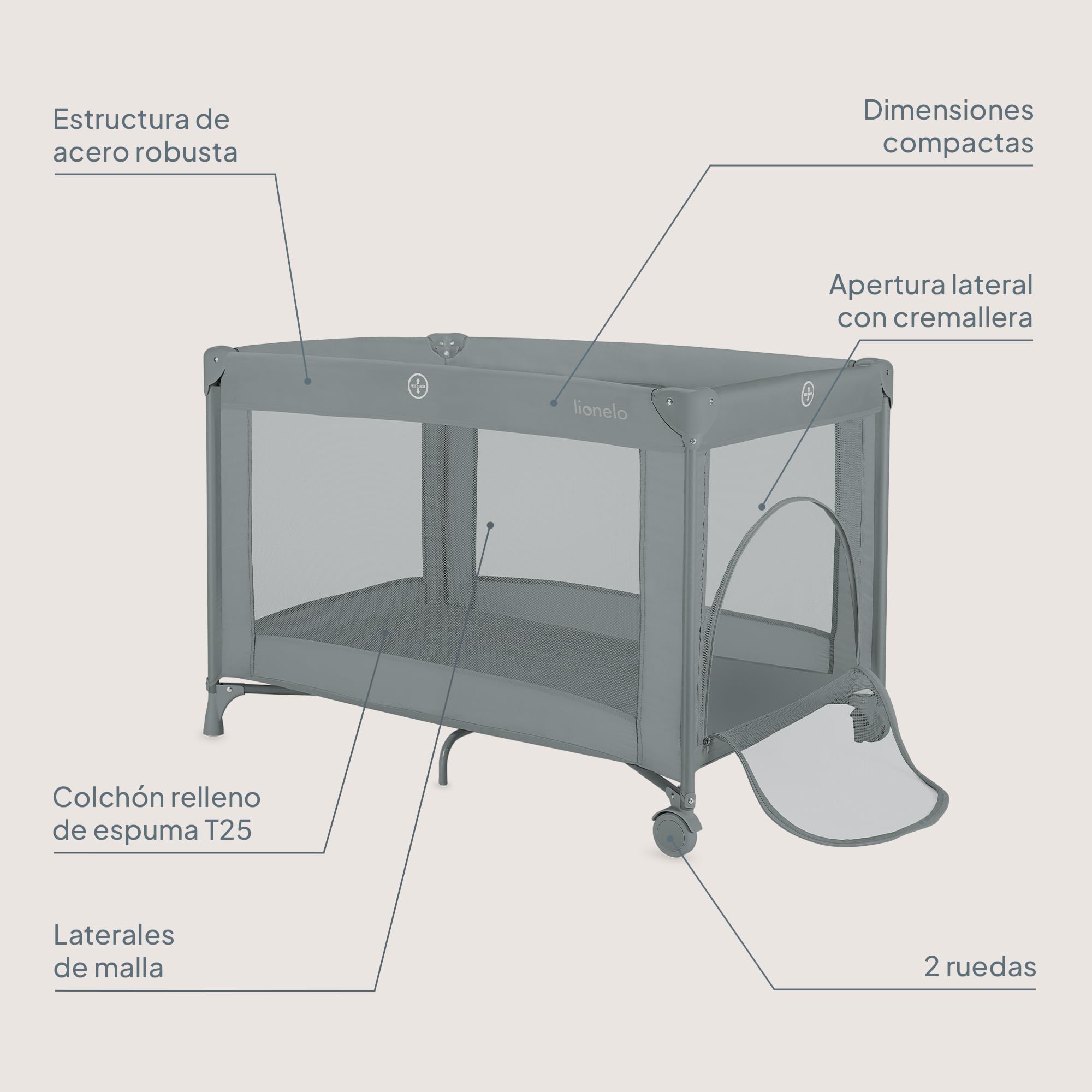 Lionelo Cuna de viaje para bebé Amelie desde el nacimiento hasta los 15 kg, Pequeña, Plegable, Colchón blando plegable, 100,5x70,5 cm, 2 ruedas, Entrada lateral, Bolsa de transporte