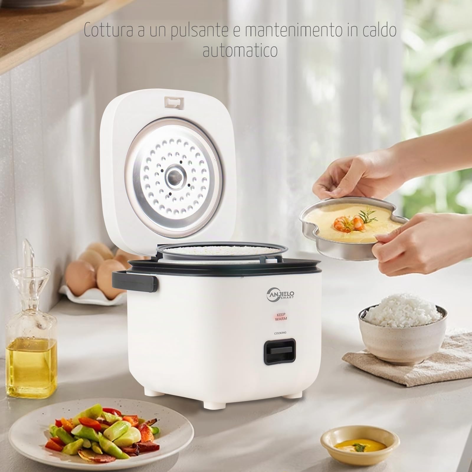 Cuociriso personale da 1,2 l, con rivestimento antiaderente,cestello per cottura a vapore in acciaio inox,misurini e comando one-touch,Perfetto per una o due persone per cuocere riso (Bianco)