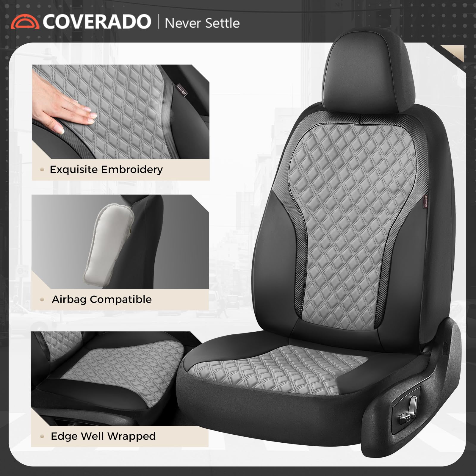 Coverado Coprisedili per auto a 5 posti, set completo di coprisedili in pelle, design testurizzato in fibra di carbonio, protezioni impermeabili durevoli, coprisedili neri e grigi, coprisedili