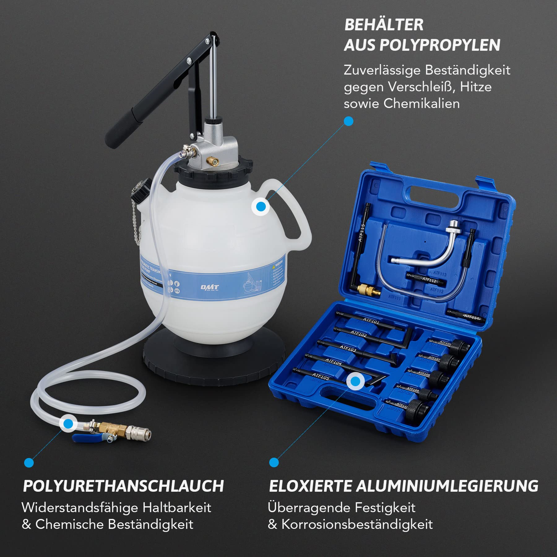 Orion Motor Tech Getriebeöl Einfüllgerät 7,5L Öleinfüllgerät Getriebeöl Pumpe Ölabsauger Automatikgetriebeöl Ölwechsel Set Getriebeöl Einfüllgerät Befüllgerät Öl Einfüllen mit 15 ATF Adaptern