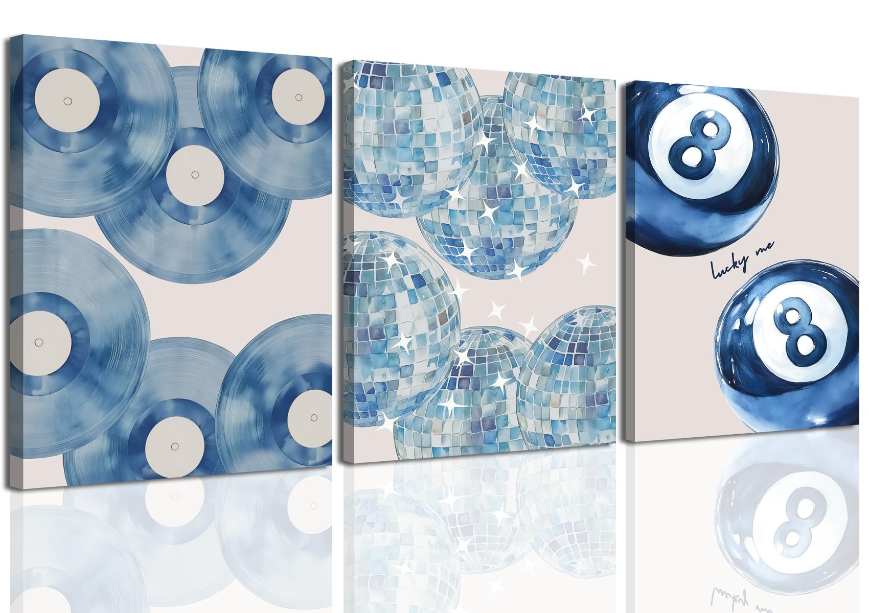 Trendy Blue Lucky 8 Ball Wall Art Set of 3, Preppy Navy Blue Teen Girl Wall Decor Coquette Record Disco Poster Canvas Prints Pictures for Bedroom