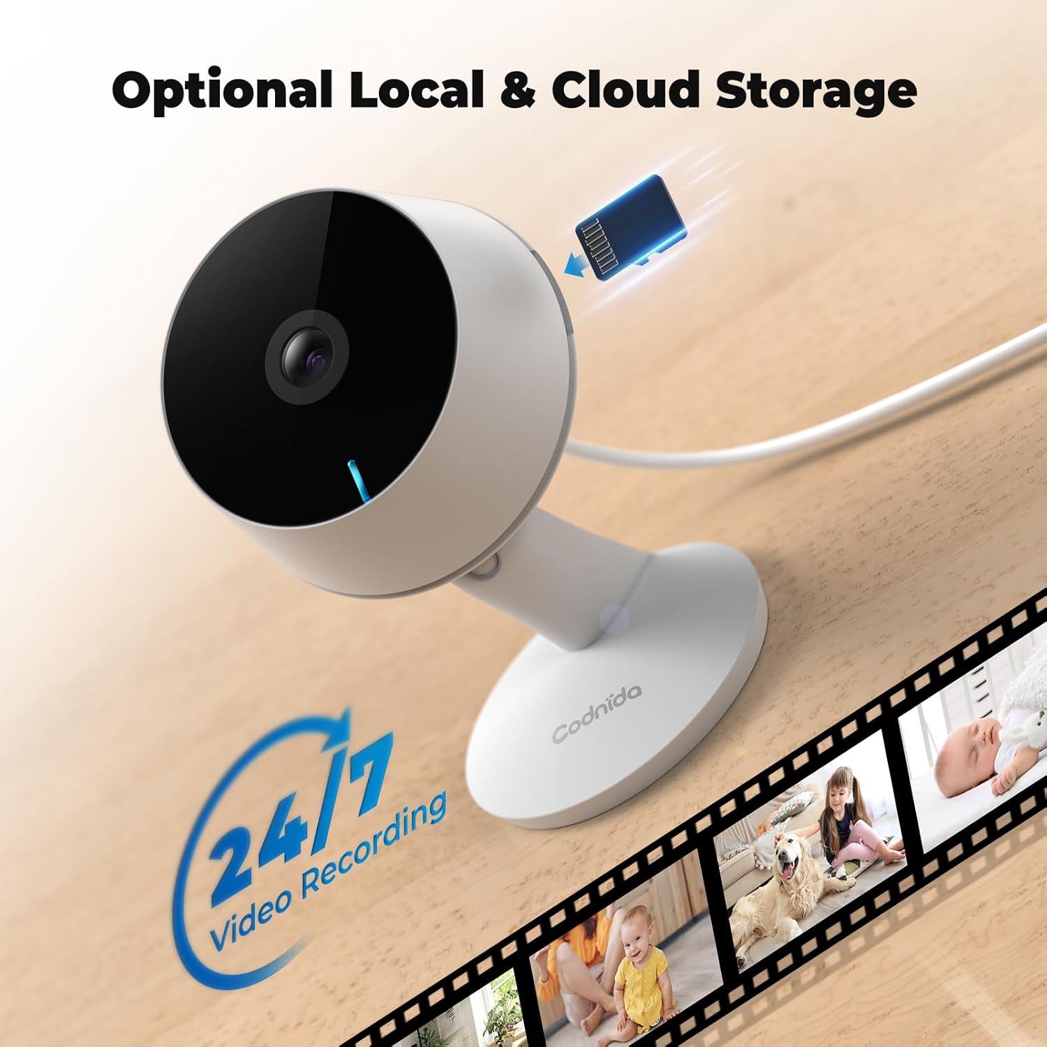 The Codnida camera on a table, with an arrow pointing to a Micro SD card slot and a filmstrip showing various recorded moments, indicating optional local and cloud storage with 24/7 video recording.