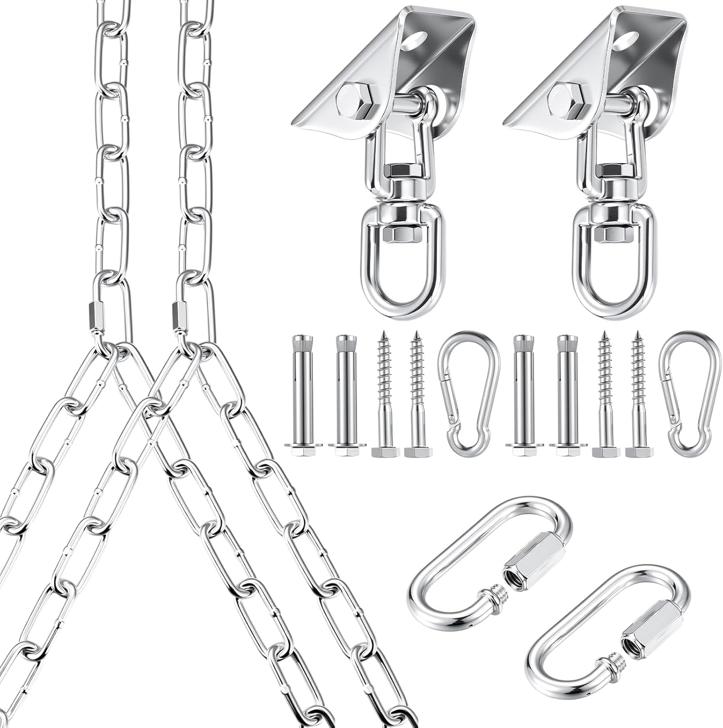 Heavy Duty Porch Swing Hanging Kit with Y-Chain & 360° Swivel Hangers 1500Lbs Capacity, Rustproof Zinc-Plated Chains 304 Stainless Steel Mount Hooks, Indoor/Outdoor Hammock Hardware(Silver)