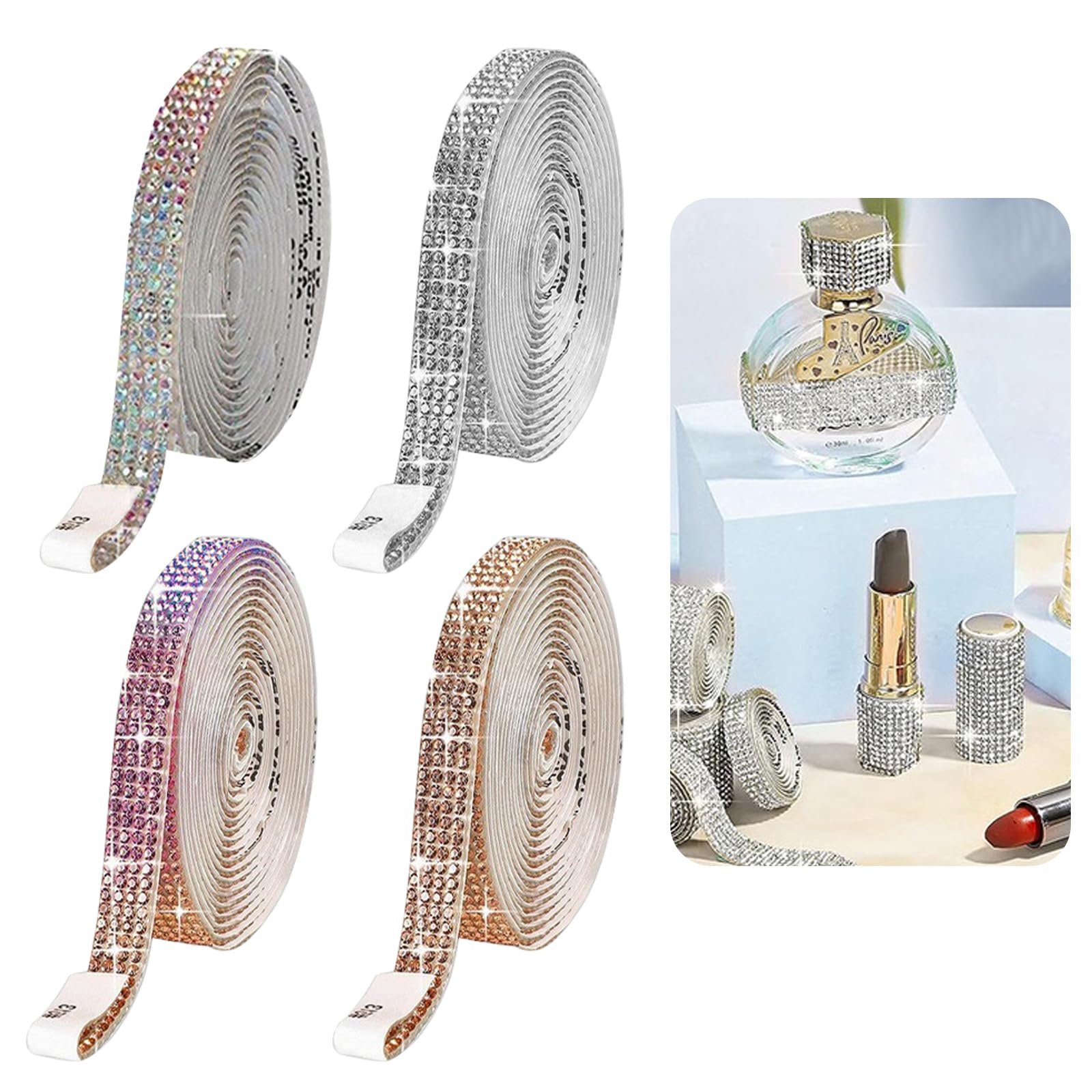 Cozevdnt 4 Rolls Self Adhesive Crystal Ribbons, Colourful Rhinestone Ribbon Roll, Glitter Resin Diamond Belt, Sparkling Bling Stickers Crystal Ribbon Roll for Crafting DIY Party Decor, (Colourful)