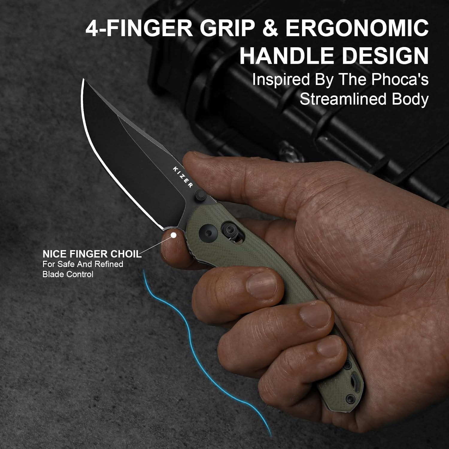 Kizer Phoca CC Pocket Knife, 2.93" Clip Point Black Stonewash D2 Blade Folding Knives with Green G10 Handle, Thumb Stud Opener & Clutch Lock EDC Knife for Men Women V3780M1