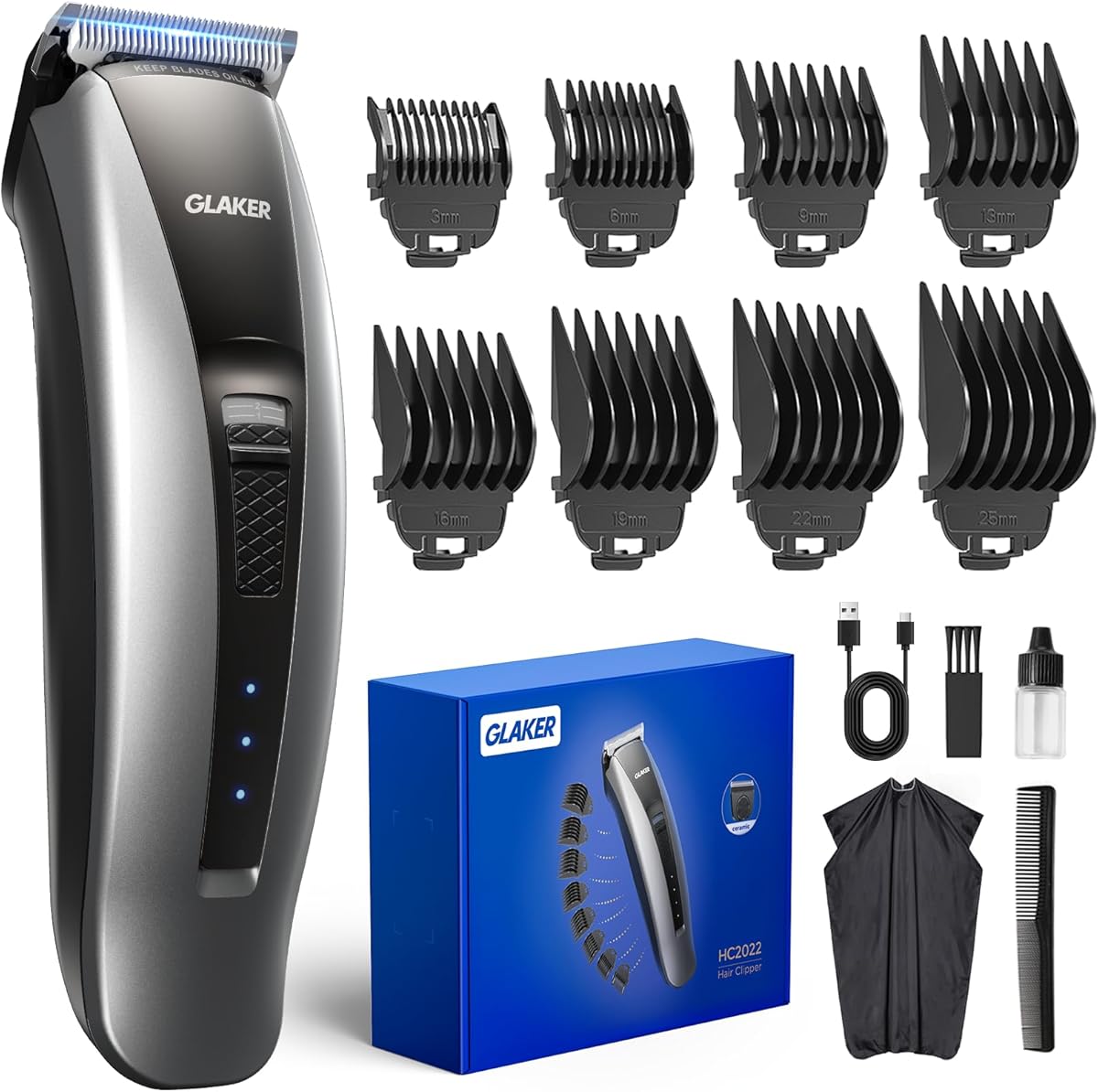 GLAKER Hair Clippers for Men - Cordless 2 in 1 Versatile Hair Trimmer with ABS Guards,Professional Haircutting Kits for Blending & Fade Cuts