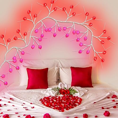 Miniatura 7 de Guirnalda de 6 pies para el día de San Valentín con 54 luces de corazón, guirnalda preiluminada a pilas con temporizador y 8 modos, guirnalda