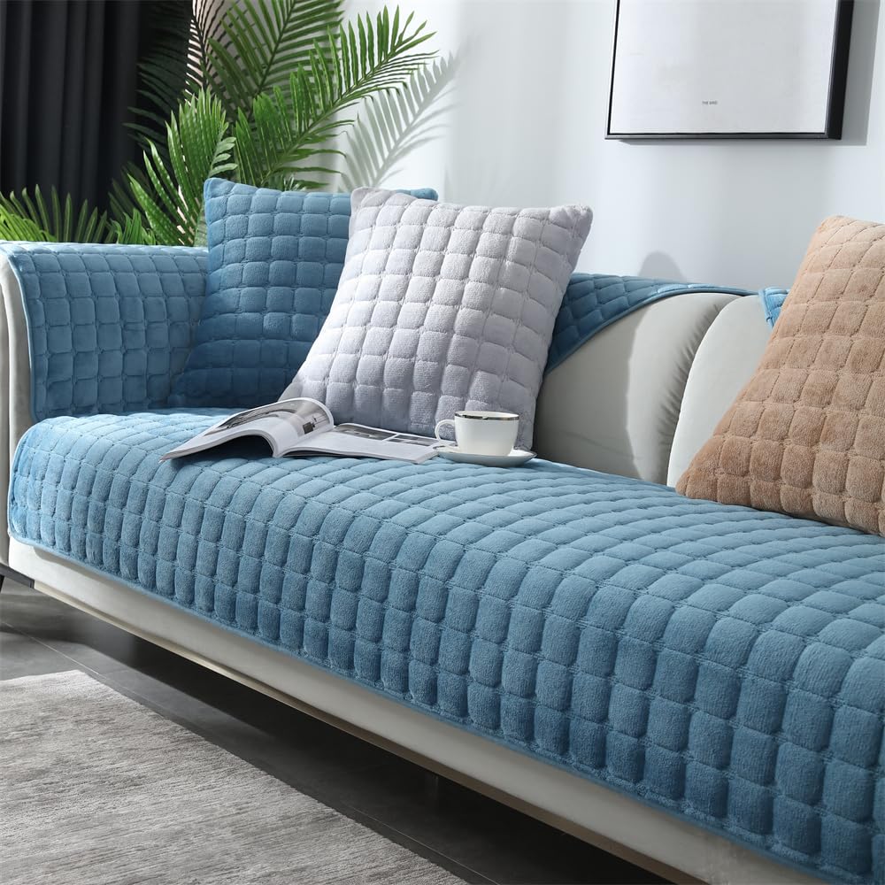 QIAQ Soft Velvet Sofa Covers Washable - Universal Non-Slip Sofa Cushion Covers 1 2 3 4 Seater Couch Covers for Sectional Sofa (45 * 45 cm Pillowcase,Blue)