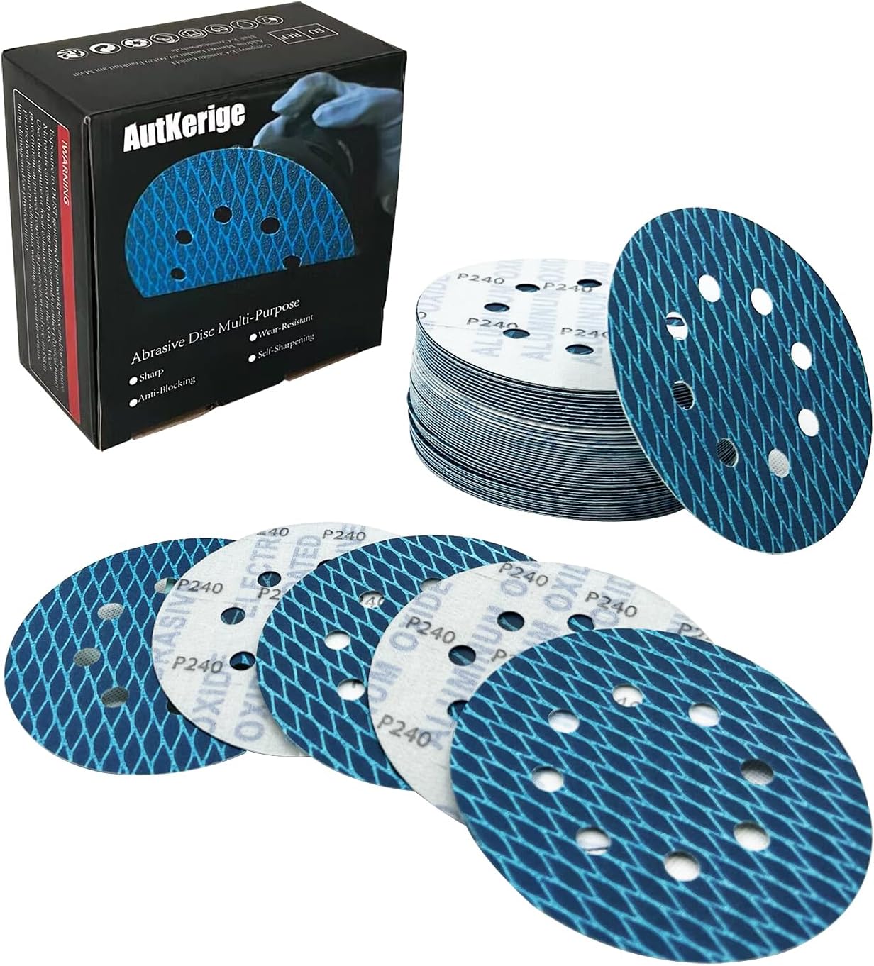 5 Inch 8 Hole Diamond Shape Sanding Discs，240 Grit, 50 Pcs Hook and Loop Sanding Discs for Orbital and Random Disc Sanders, Woodworking, Metalworking, Anti-Blocking SandinDiscs