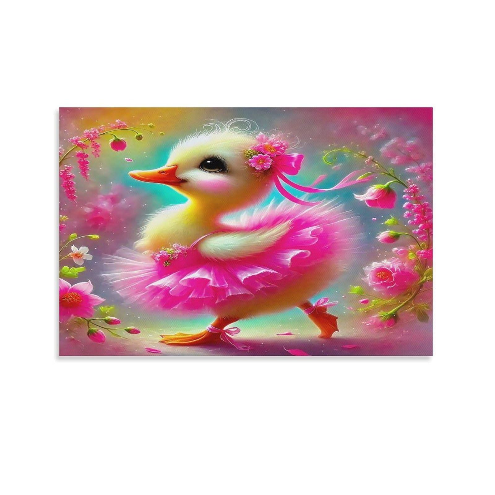 CPLVKWRQJ Cute Duckling Individual Duckling Pink Tutu Rose Garden Wall Art Pieces - Office Canvas Print Fade Resistant Wall Focal Art Ready to Hang 24x36inch(60x90cm)