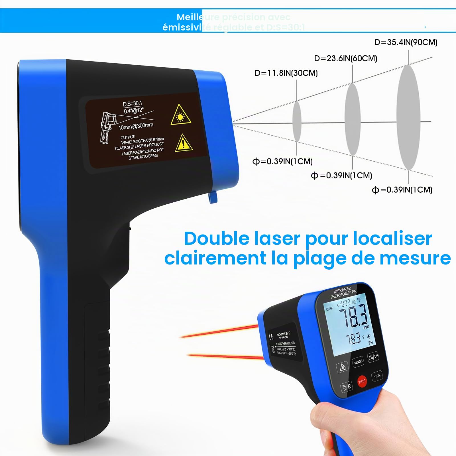 AIOMEST Thermomètre Infrarouge -50℃~1600℃ Haute Température Pistolet D:S=30:1 Double Laser Industriel IR Température Touches Tactiles, Rechargeable Thermometer