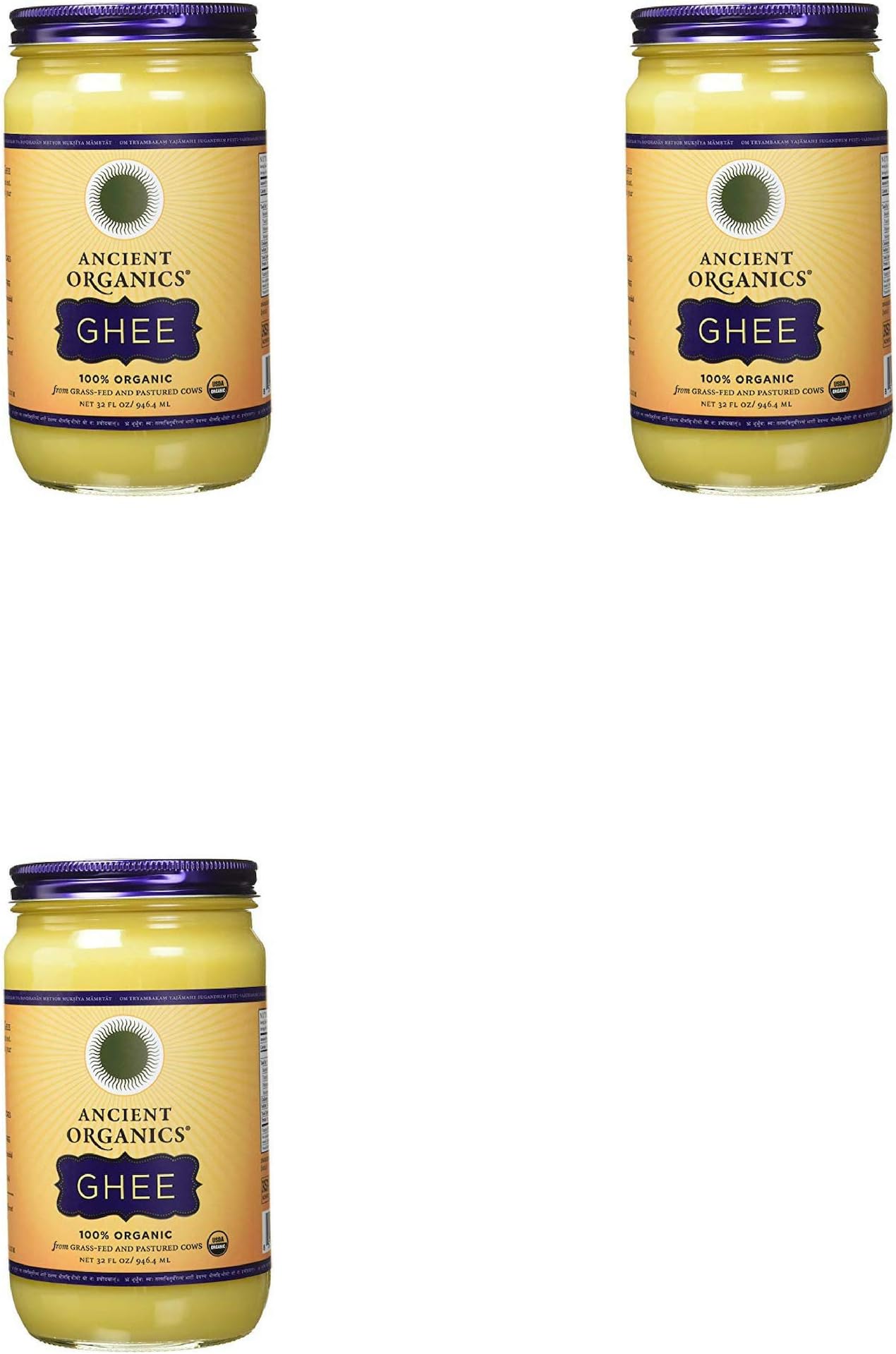 ANCIENT ORGANICS 100% Organic Ghee from Grass-fed Cows, 32oz (3 pack)