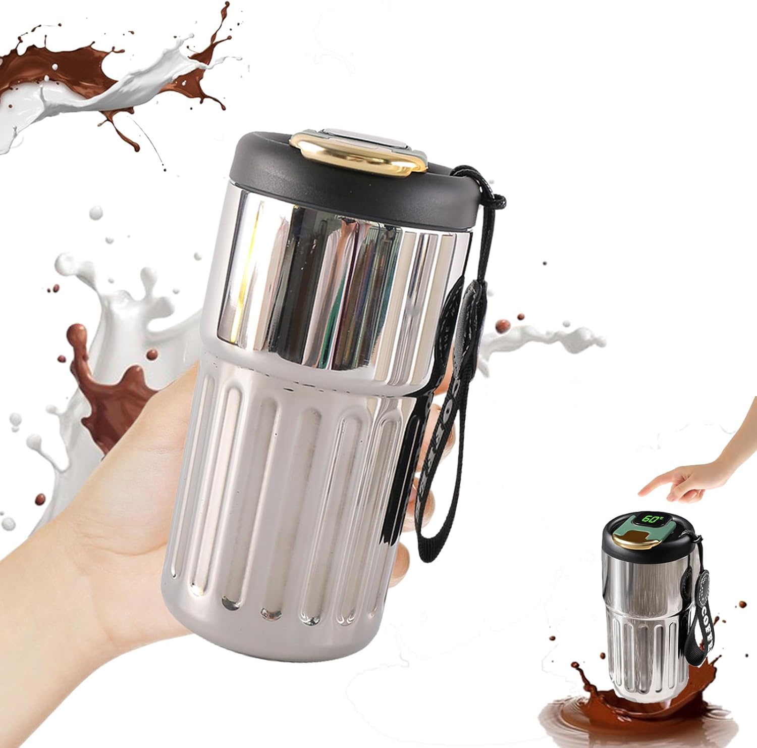 DZANNC コーヒー魔法瓶、大容量 水筒 真空断熱 タンブラー おしゃれ ステンレス 携帯 コーヒーカップ 450ML コーヒー 魔法瓶 タンブラー 蓋付き こぼれない 保温保冷タンブラー コーヒー ボトル コーヒー タンブラー 持ち運び こぼれない、温度表示付マグボトル サーモマグ ステンレス鋼のインテリジェントな魔法瓶（ブラックミラー）