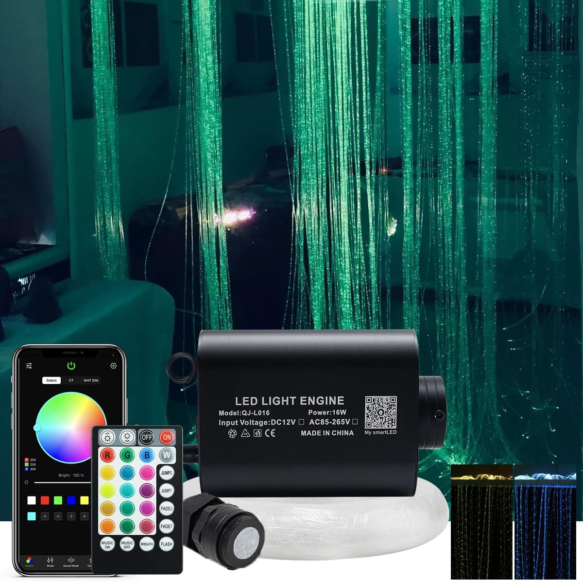 - 16W RGBW Optical Fiber Curtain Lights Kit, Waterfall Curtain Light for Sensory Room Decoration with Flash Point Fiber Optic Cables 450 Strands 0.03in/0.75mm 13.1ft/4m