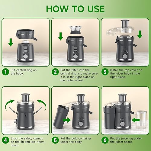 Miniatura 8 de Exprimidor de 500 W, exprimidor de verduras y frutas, exprimidor eléctrico de 3 velocidades, exprimidor rápido, extractor centrífugo, fácil de