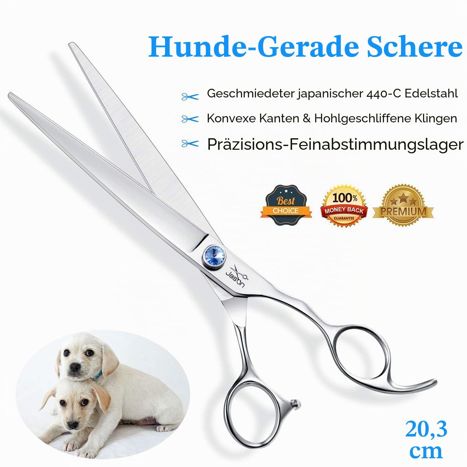 JASON Professionelle Haustierschere - Fellpflegschere Fellpflege für Hunde Katzen mit einstellbare Schraube 8 Zoll Gerade Hundeschere aus japanischem 440C-Edelstahl