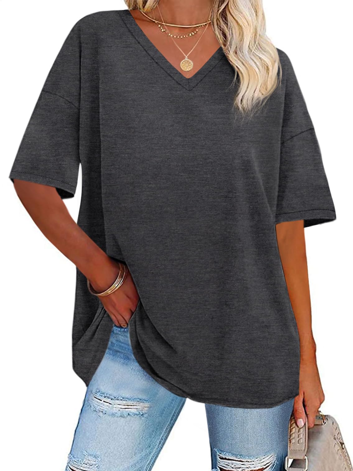 ADOREJOY Oversized Tshirts for Women V Neck Summer Graphic Tees Casual Short Sleeve Loose Tops