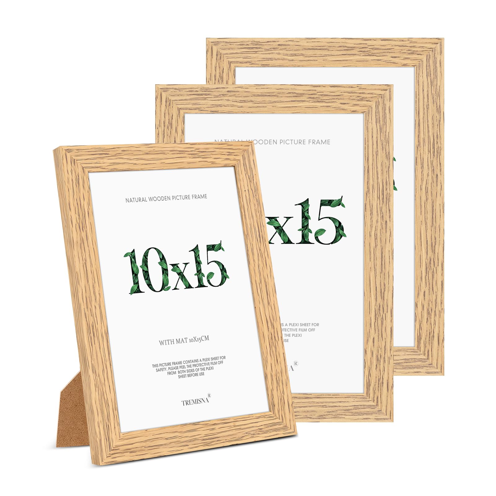 Tremisna® 3x picture Frames 10x15cm. Natural Wood Photo Frames 4x6 with HD Perspex and Stand for Wall Mounting or Table Top Display