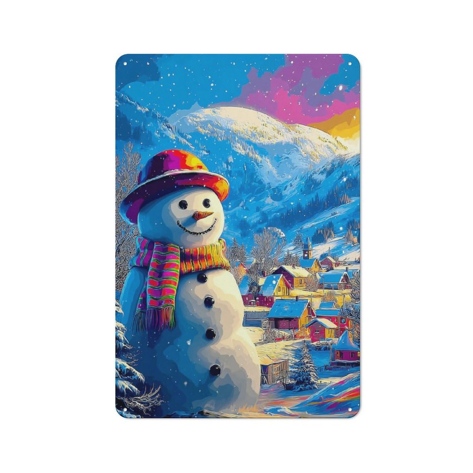 Junmoney Colorful Snowman Village Scene Printed Metal Sign 30X20cm For Hobby Room Or Studio, Gift Idea At Christmas For Creative Interior Collectors