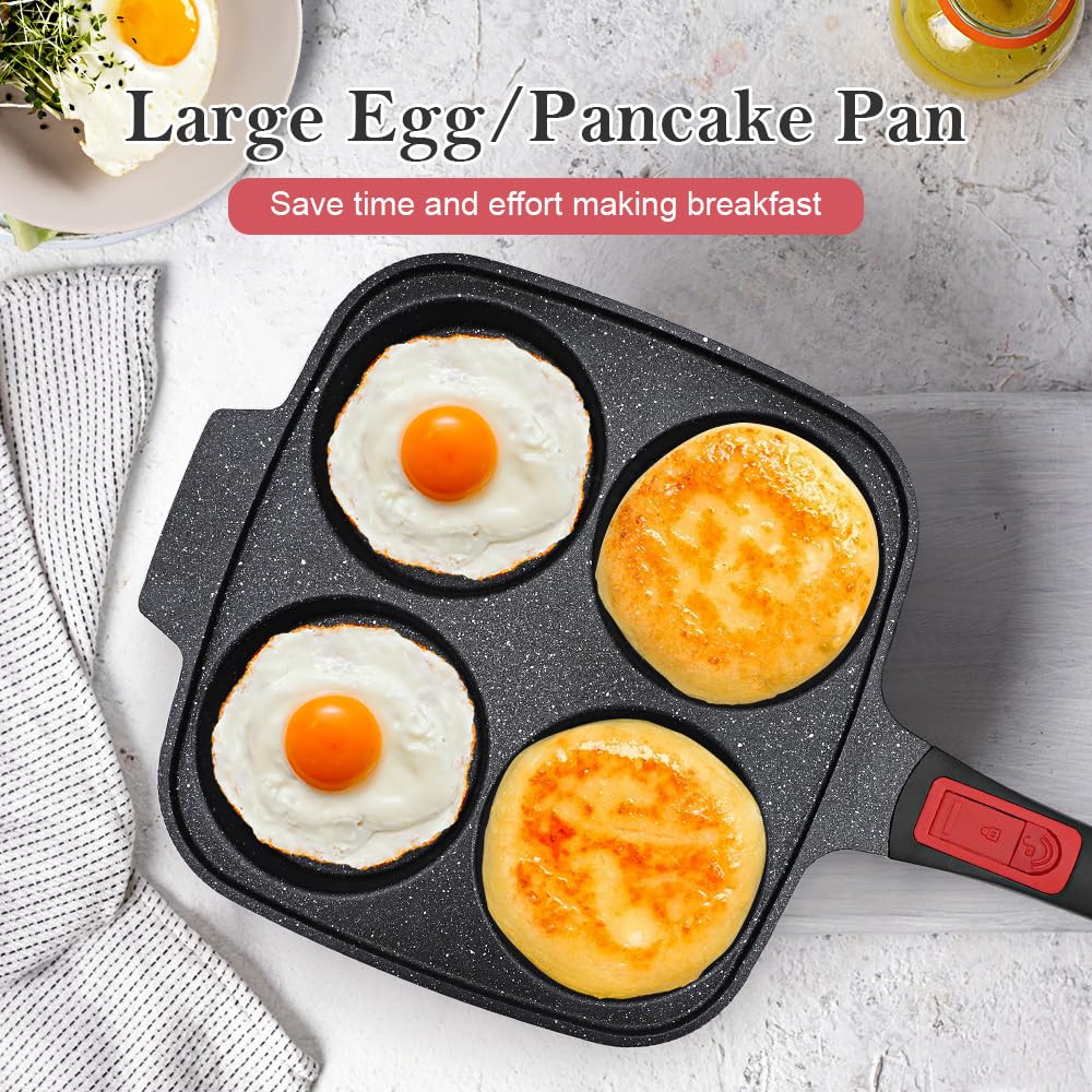 RANX INGST Padella Grande per Pancake 26 X 24 cm, Padella per Uova Fritte con Manico Rimovibile e Coperchio, Padella per Omelette 4 Fori Antiaderente