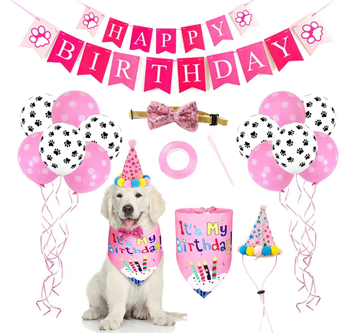 Juego de pañuelo de Sombrero de Primer cumpleaños para Perro Feliz Cumpleaños Estampado de Pata Banner Globo Decoracion Cumpleaños para Perros, Pink