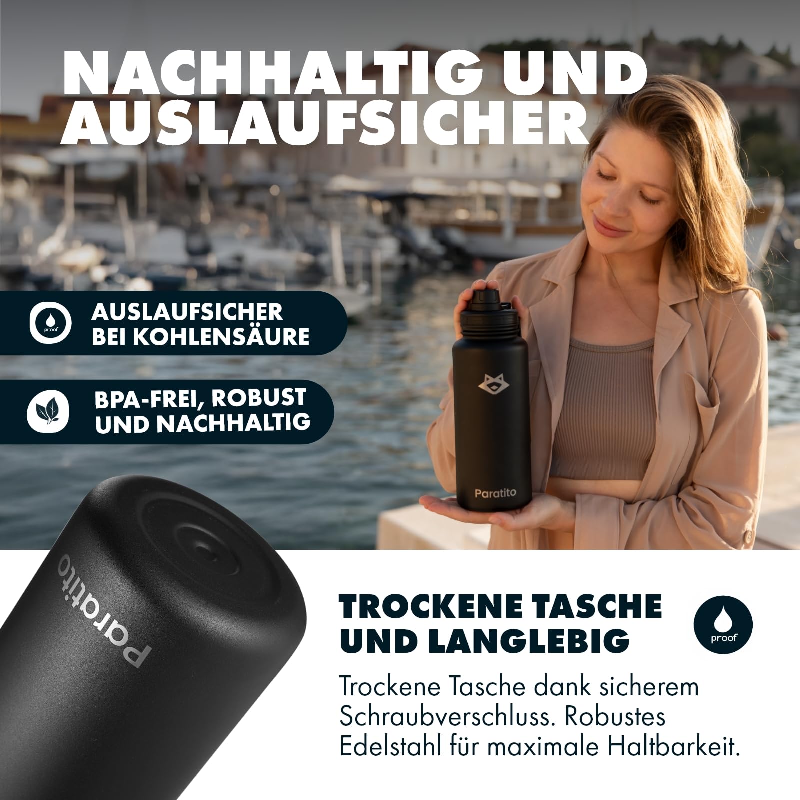 Thermo Trinkflasche 1L Edelstahl Schwarz mit Sportverschluss - Wasserflasche Metall isoliert für Sport und Wandern -Outdoor Thermoskanne weithals - spülmaschinenfest