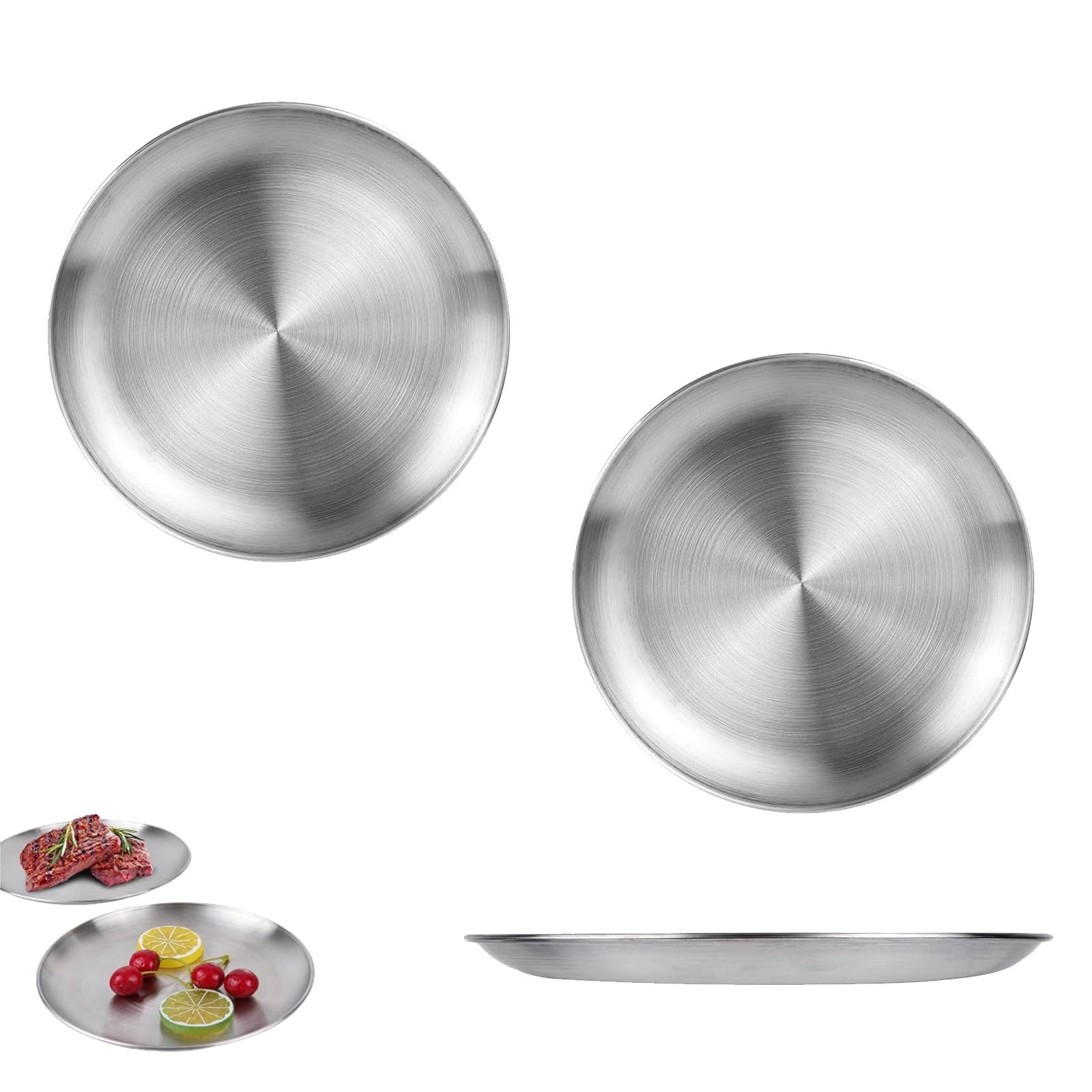 3 Pezzi Piatti Rotonde in Acciaio Inox 20 cm Vassoio Portaoggetti in Metallo Decorativo Rotondo Piastra per Cucina, Sala da Pranzo, Campeggio, Feste