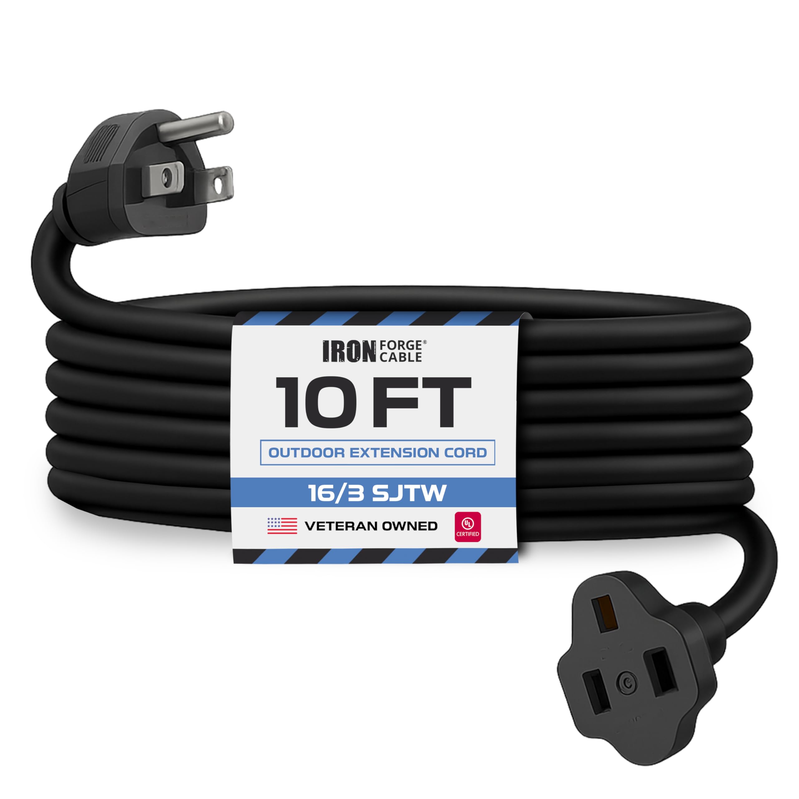 Iron Forge Cable 10 Ft Black Extension Cord, 16/3, 10 Foot Extension Cord, 3 Prong, Weatherproof - Great for Outside Use