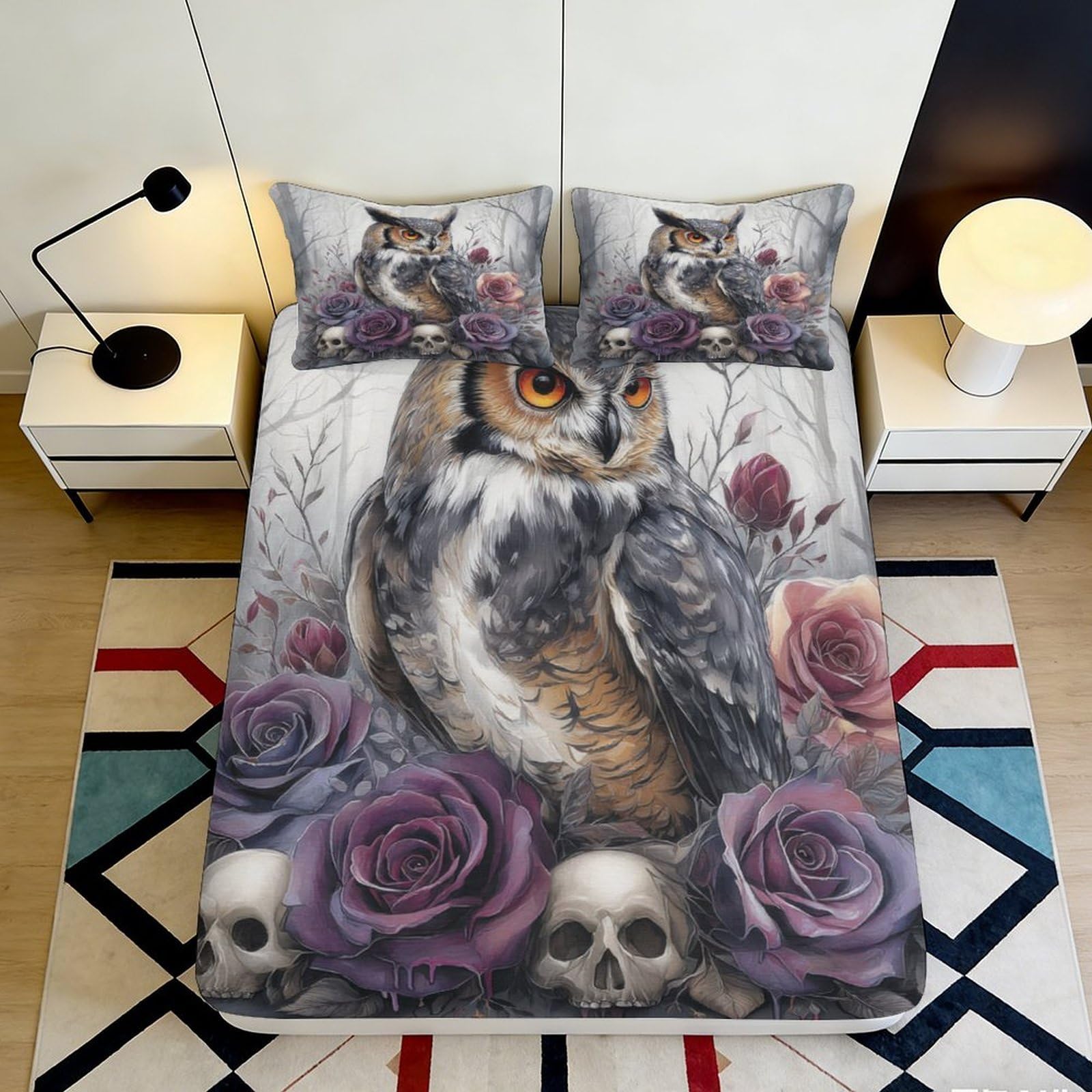 3D Printed owl floral fitted sheet, purple rose skull motif, soft touch microfiber, wrinkle resistant, apartment bedding, bedroom decor, easy to clean, durable 120x200x25cm