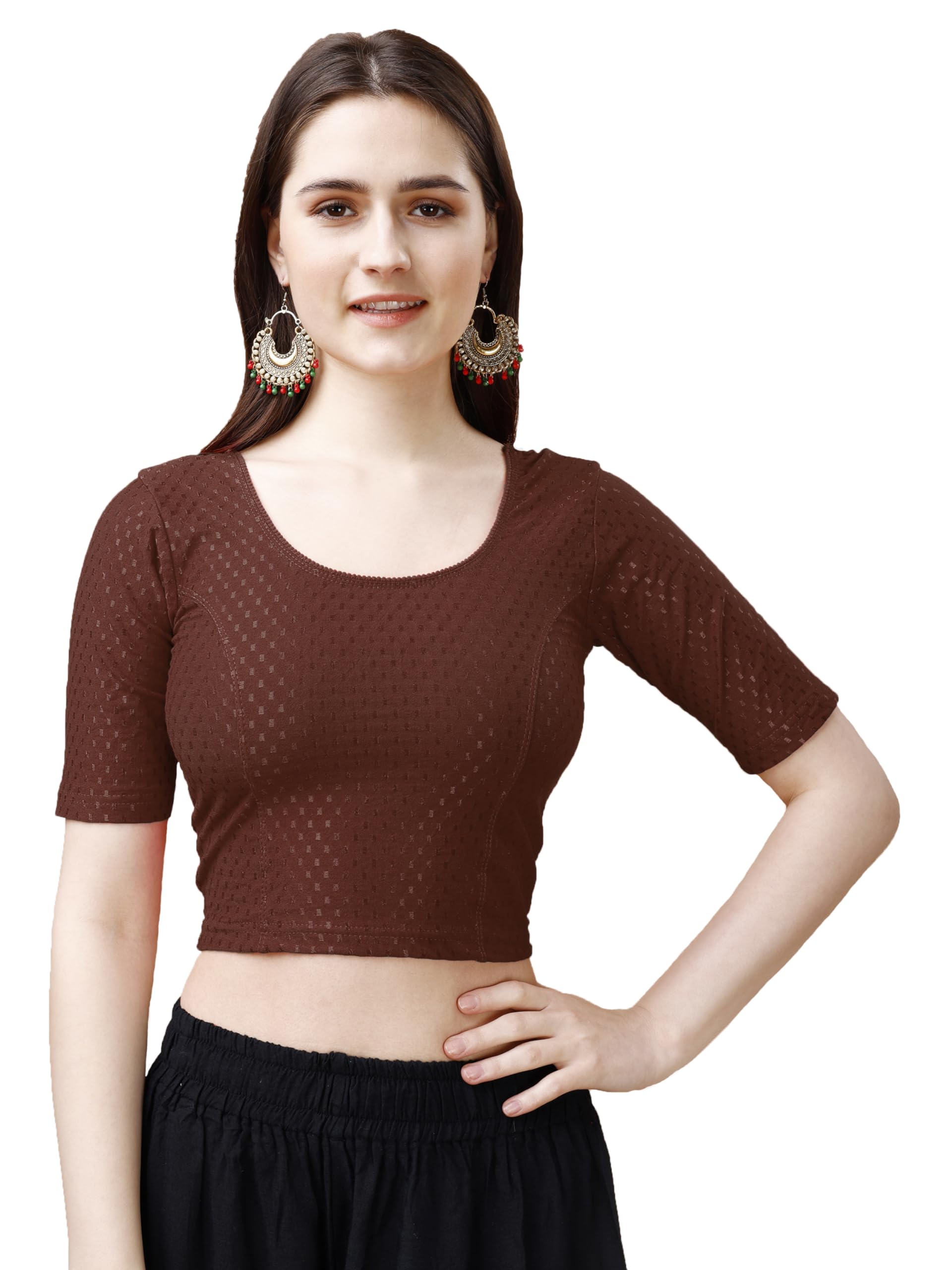 Pujia Mills Women's Readymade Dobby Cotton Lycra Stretchable Round Neck Half Sleeve Blouse Fancy Brown Color Lycra Stretchable Blouse For Women Stylish Readymade Saree Blouse
