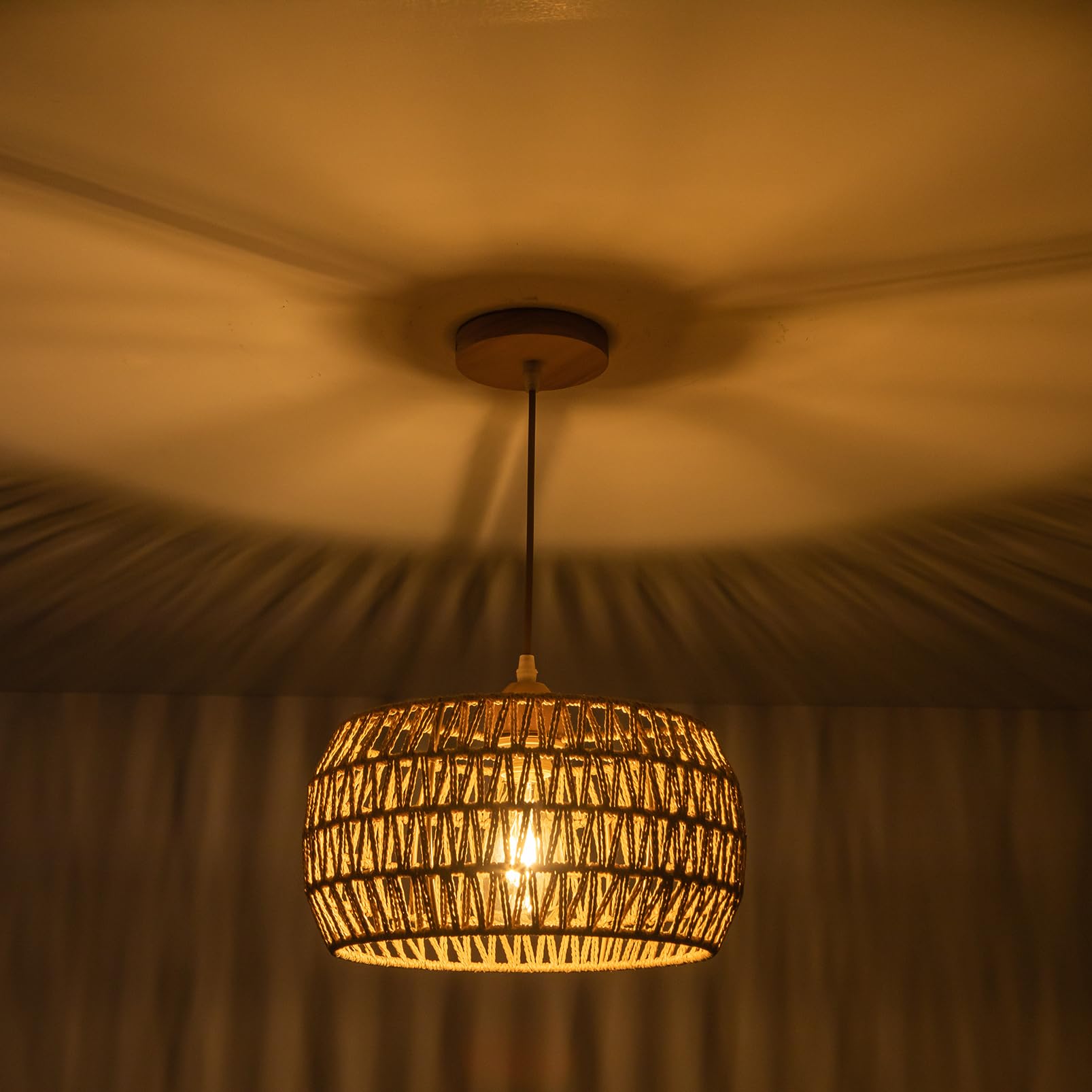 Rattan Pendant Light Fixture Ceiling Bohemian Chandelier Rattan Flush Mount Hanging Ceiling Light Woven Lamp Shade Wooden Base Basket Chandelier for Kitchen Island Hallway Bedroom Dinning Chandelier