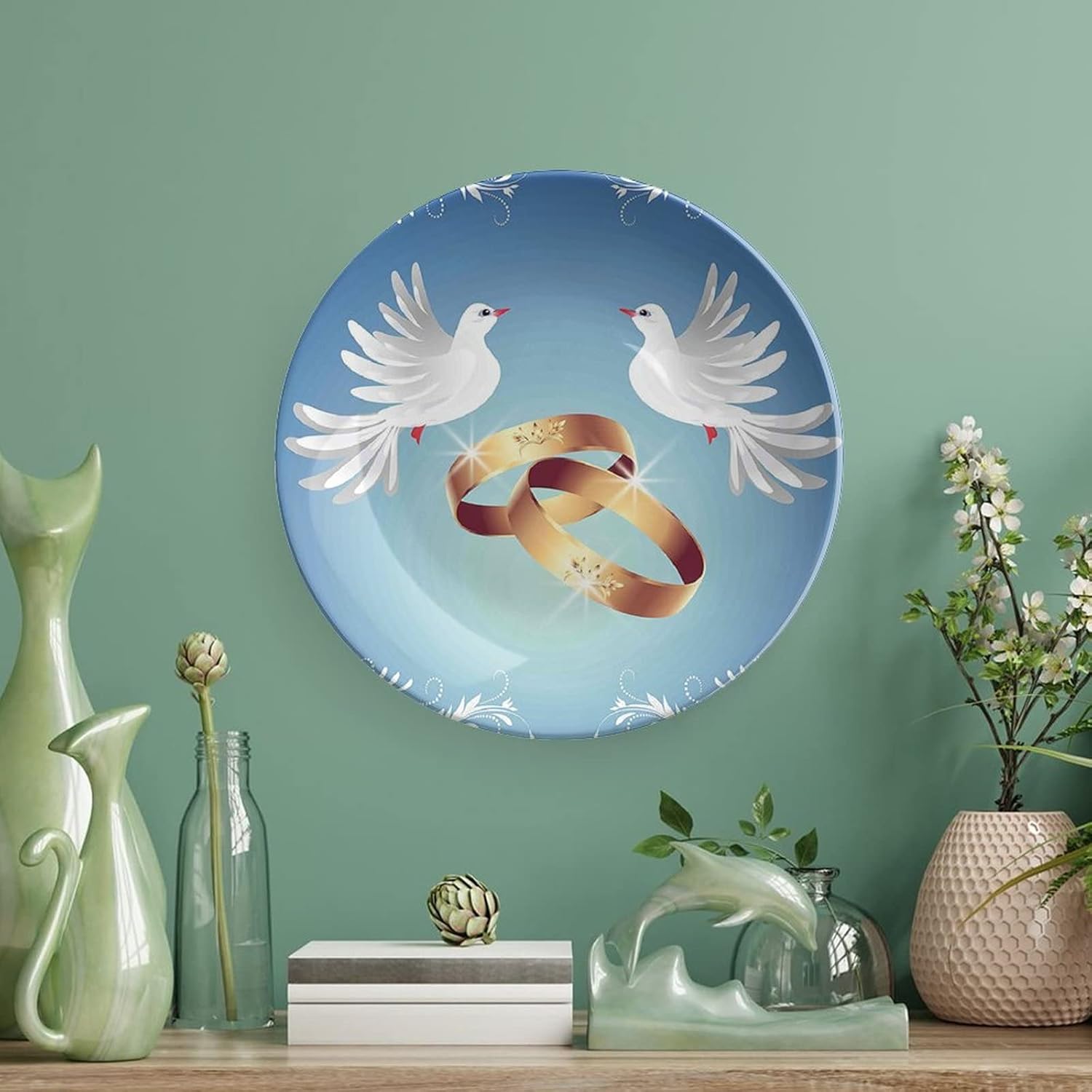 XISUNYA 6 Inch Decorative Plate, Wedding Decor Dinner Plate, Floral Ornaments Two White Birds Rings Print Ceramic Wall Hanging for Home Office Party Dinner Table Decor, Blue Gold White