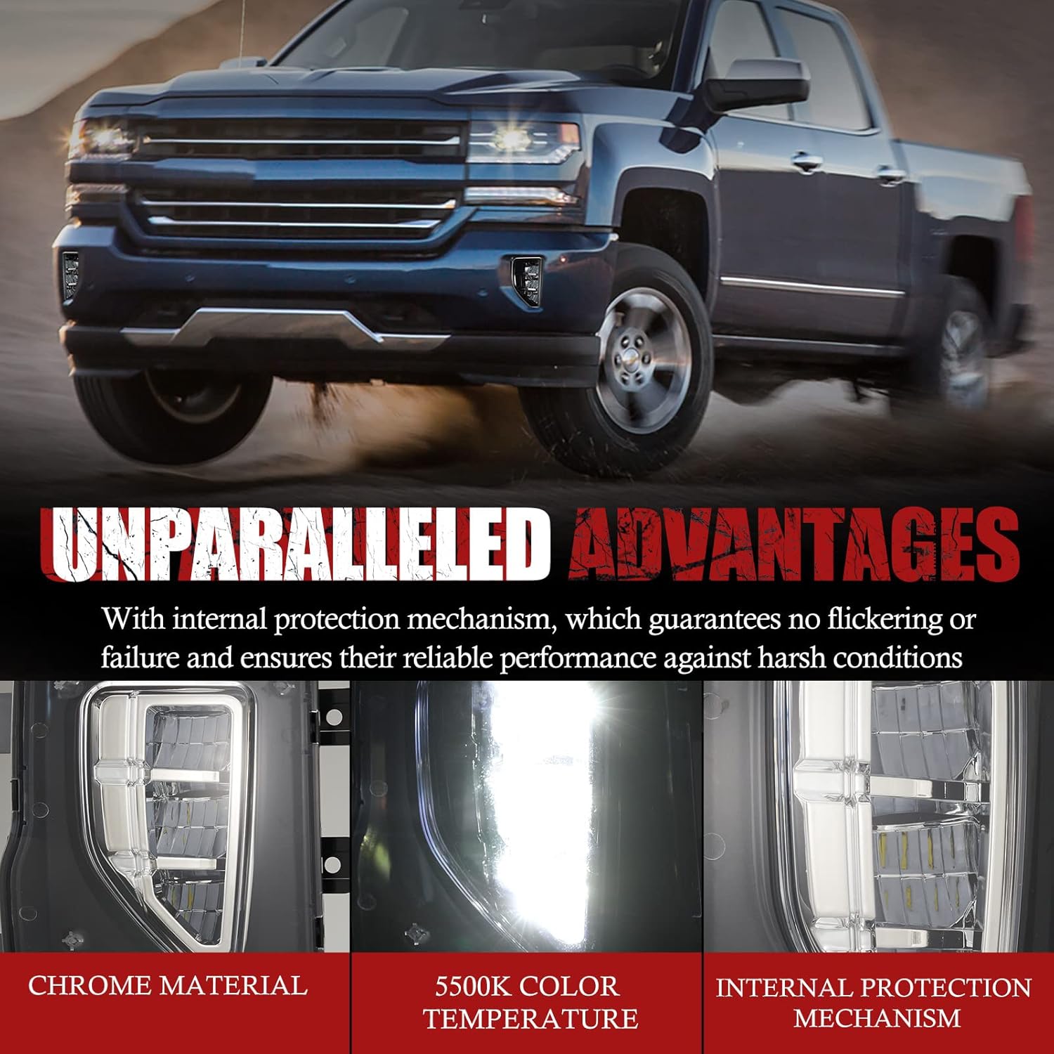 BUNKER INDUST LED Fog Lights Compitable for 2016 2017 2018 Chevy Silverado 1500, OEM Bumper Driving Fog lamp Kit,Chrome