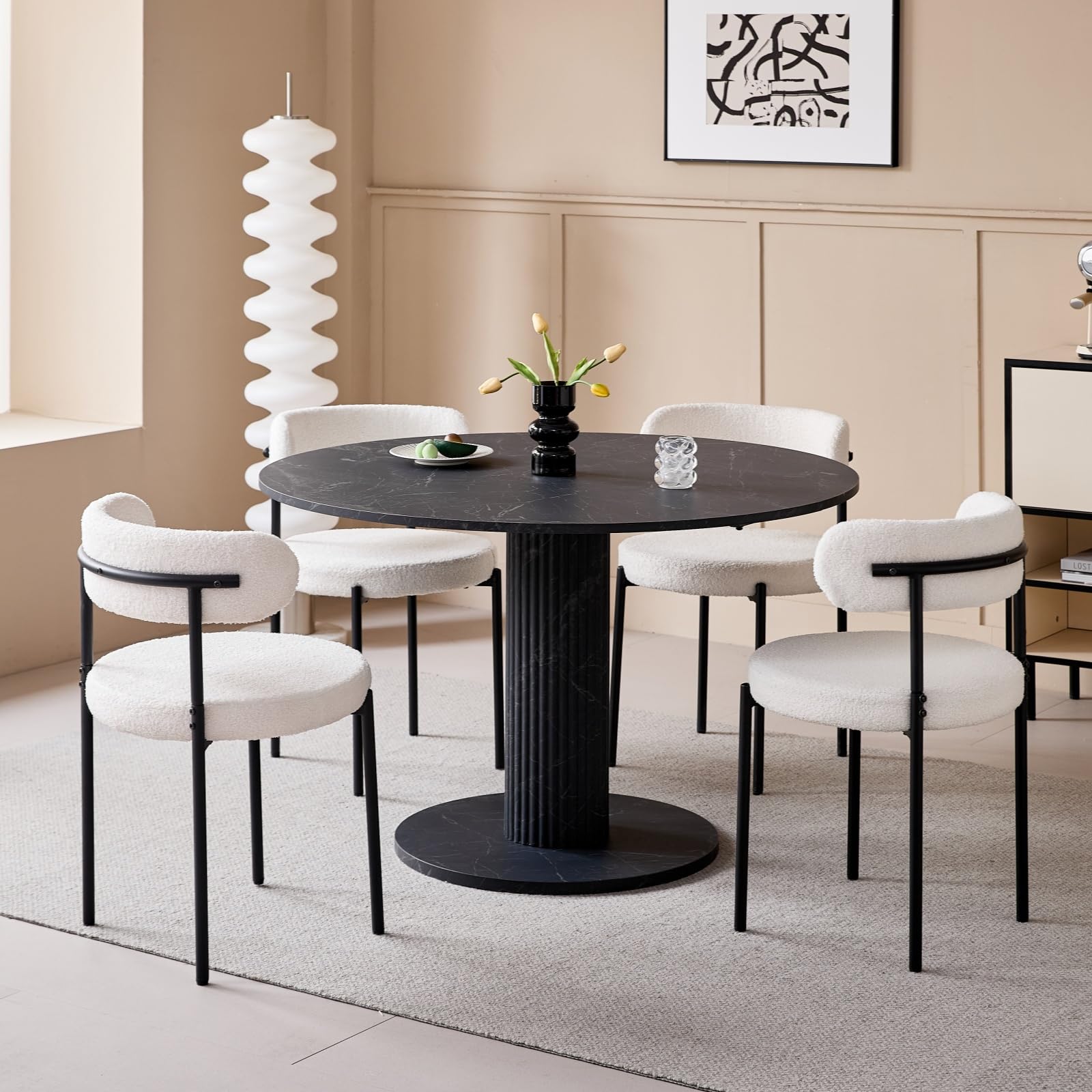 Runder Esstisch mit zylindrischen Tischbeinen, Marmoroptik, Moderner Minimalistischer Esstisch für Wohnzimmer oder Küche, 115 x 115 x 75 cm – Schwarzer Marmor