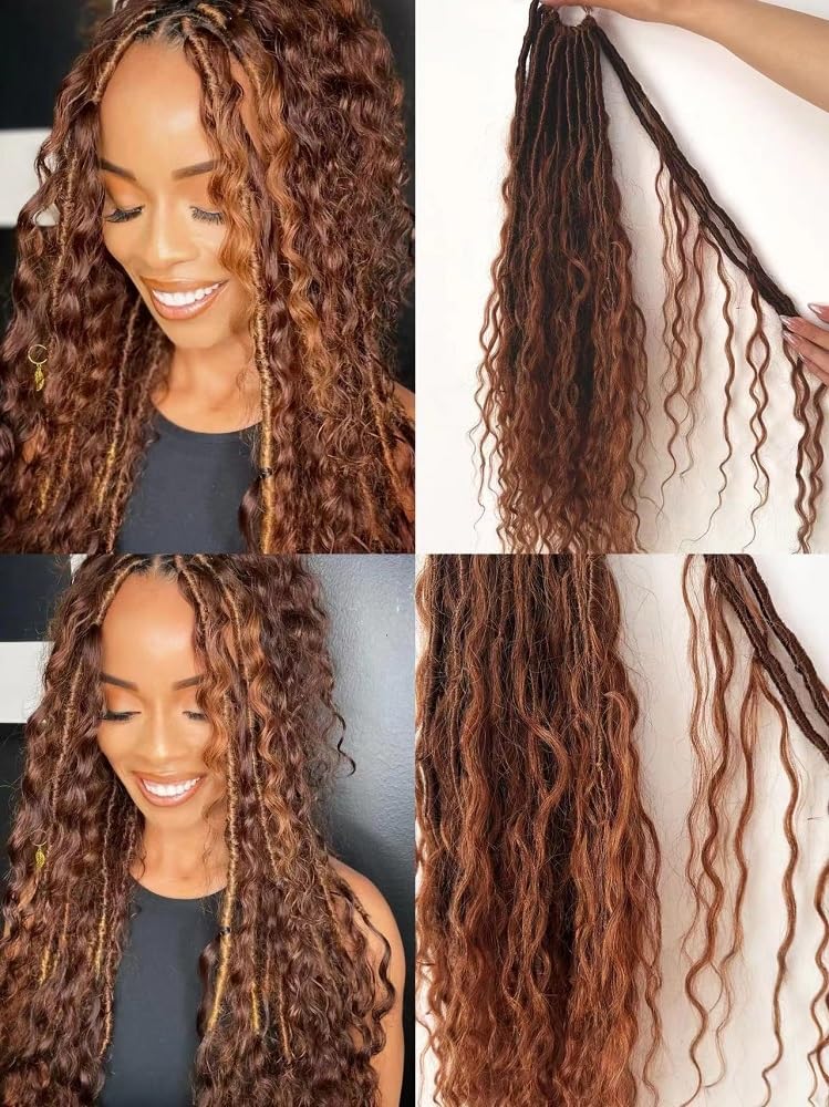 30 Color Pre-looped Goddess Locs Crochet Hair Crochet Boho Faux Locs With Human Hair Curls Bohemian Soft Locs Braiding Hair Loose Wave Human Hair Ends For Women 22 inch 3packs/72locs