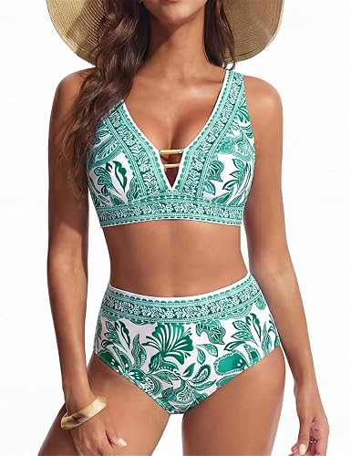 Womens Bathing Suit High Waisted Bikini Sets Tummy Control Swimsuits 2 Piece Floral Full Coverage Cutout Beach Swimwear