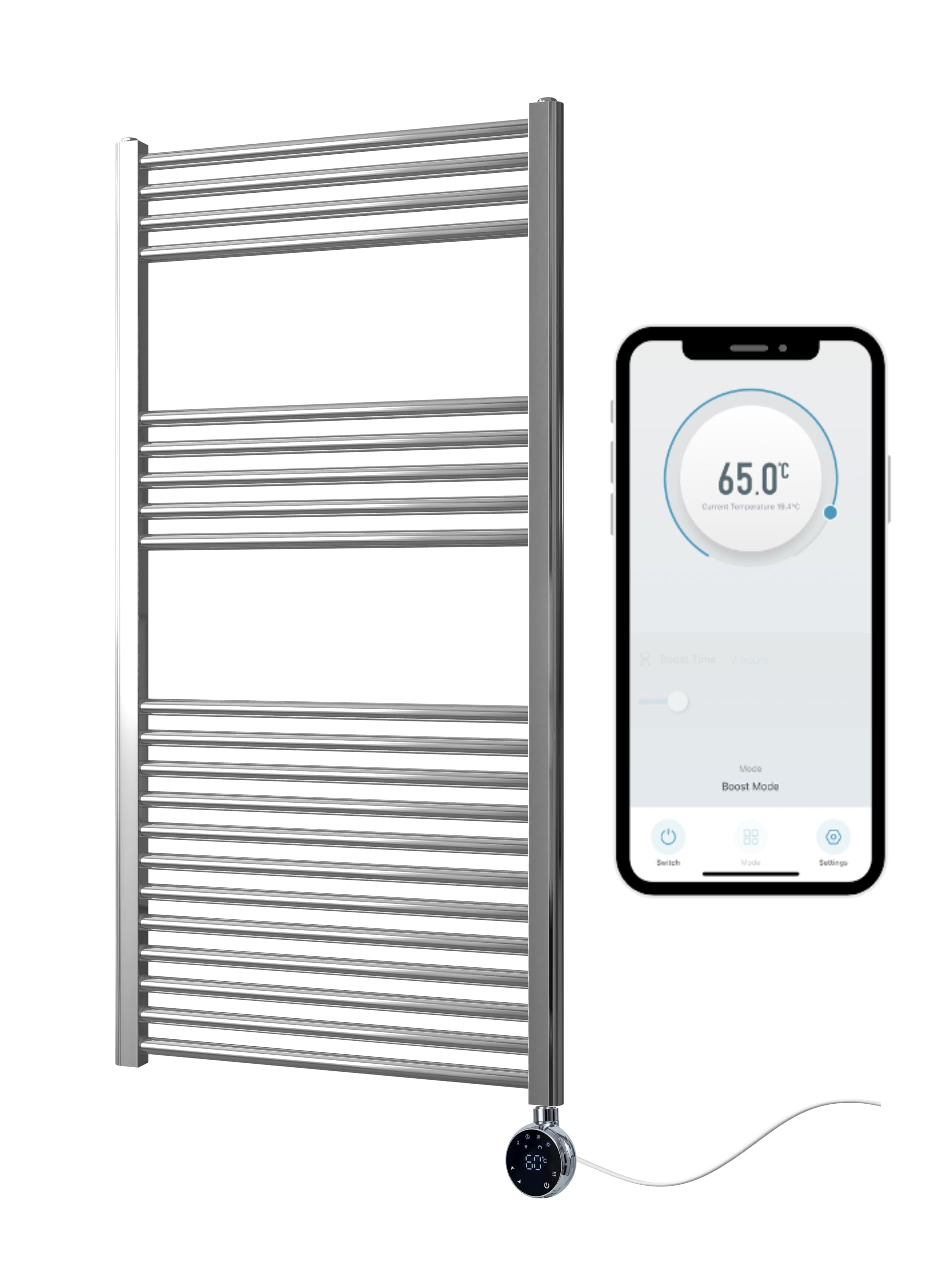 Greened House Chrome Electric Smart WiFi Controlled Heated Towel Rail 600mm W x 1200mm H Flat 7 Day Programmable Timer App Compatibility