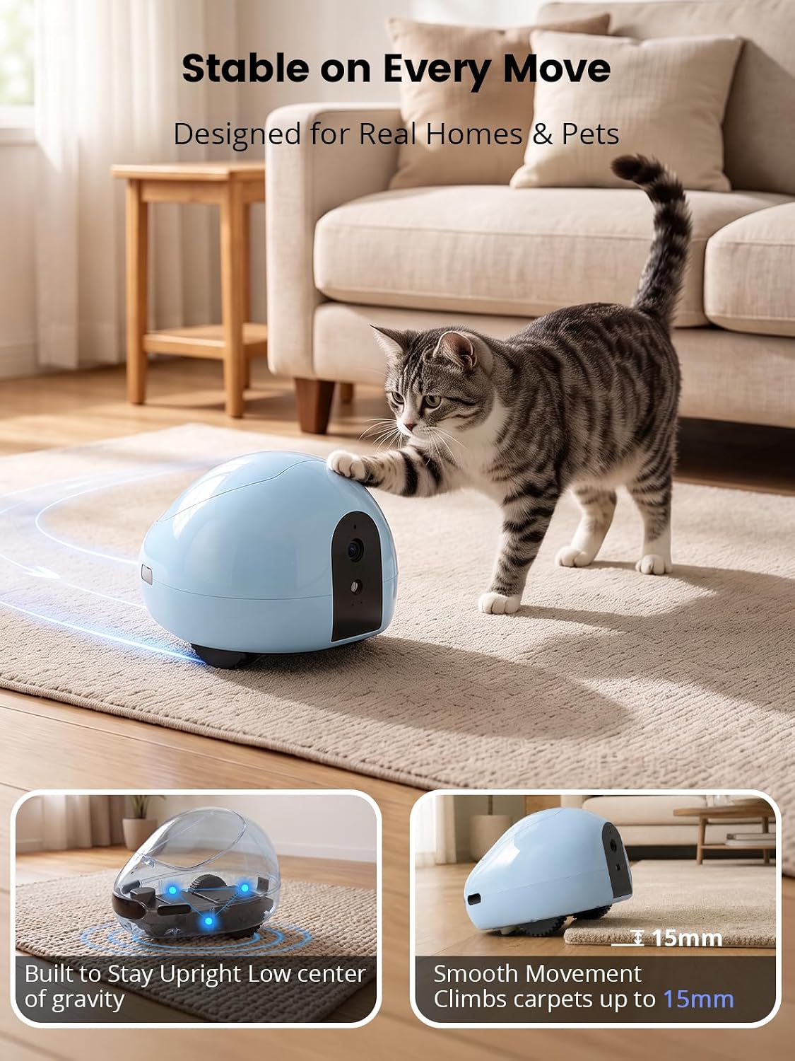 Interactive Pet Camera Robot with Treat Dispenser & Laser, Moving Cat & Dog Camera, Remote Control Pet Monitor with Two-Way Audio, Night Vision, App Control & Auto Recharge